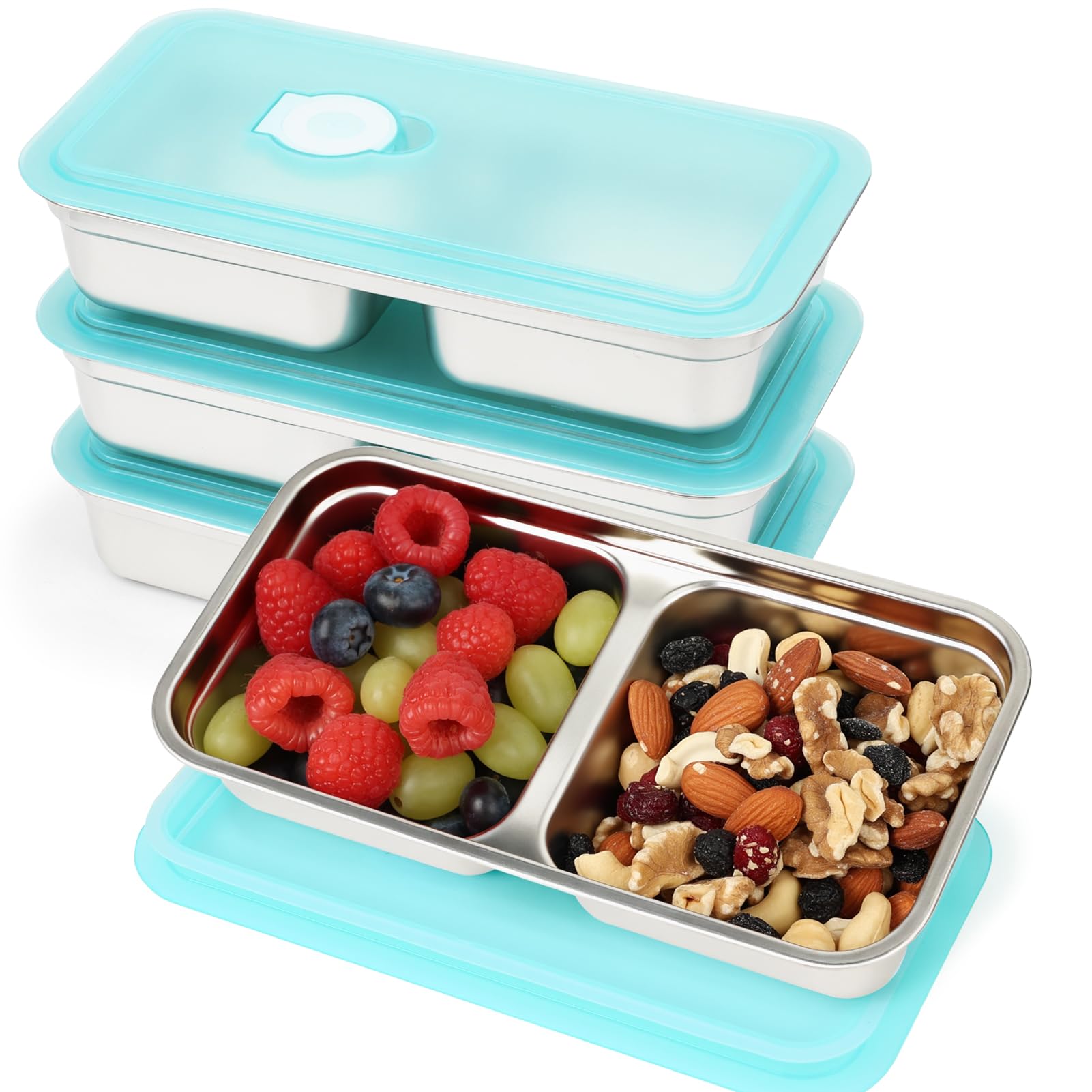 YQL 4 Pack Stainless Steel Snack Containers with Lids, Double Compartment Food Storage Boxes for Lunch Prep, Reusable Leakproof 