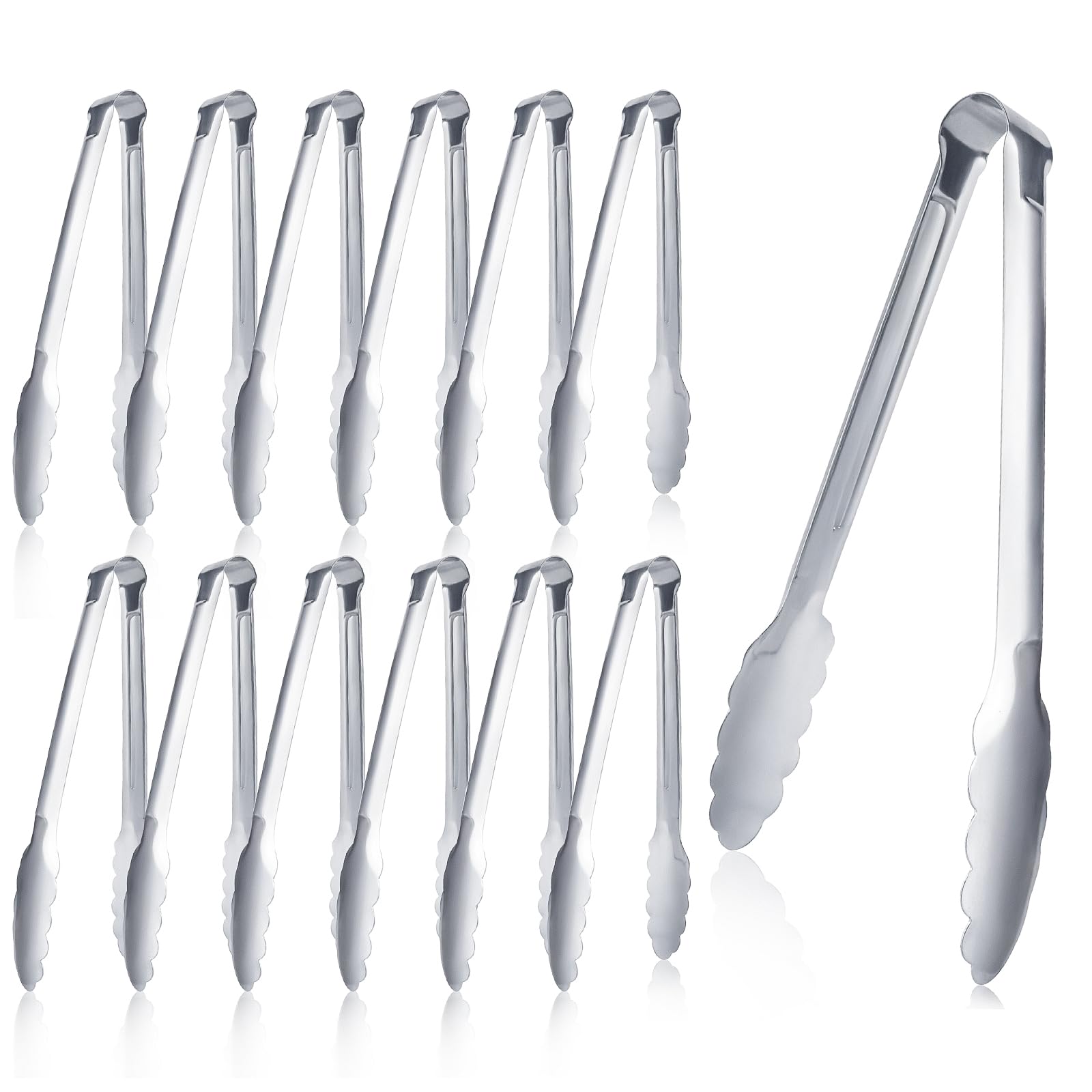 12 pieces Buffet Tongs 9 Inches Serving Tongs Heavy Duty Stainless steel Kitchen and BBQ Utility Tong (Silver, 9inch)