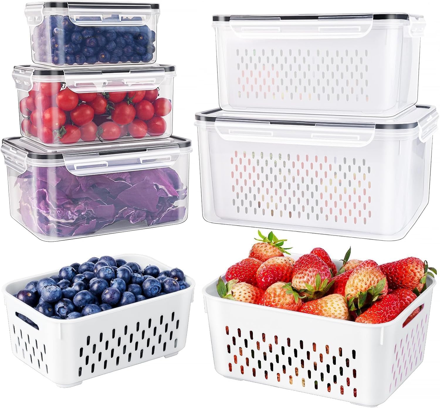 5 PCS Large Fruit Containers for Fridge - Leakproof Food Storage Containers with Removable Colander - Dishwasher & microwave safe Produce Containers Keep Fruits  Vegetables  Berry  Meat Fresh longer