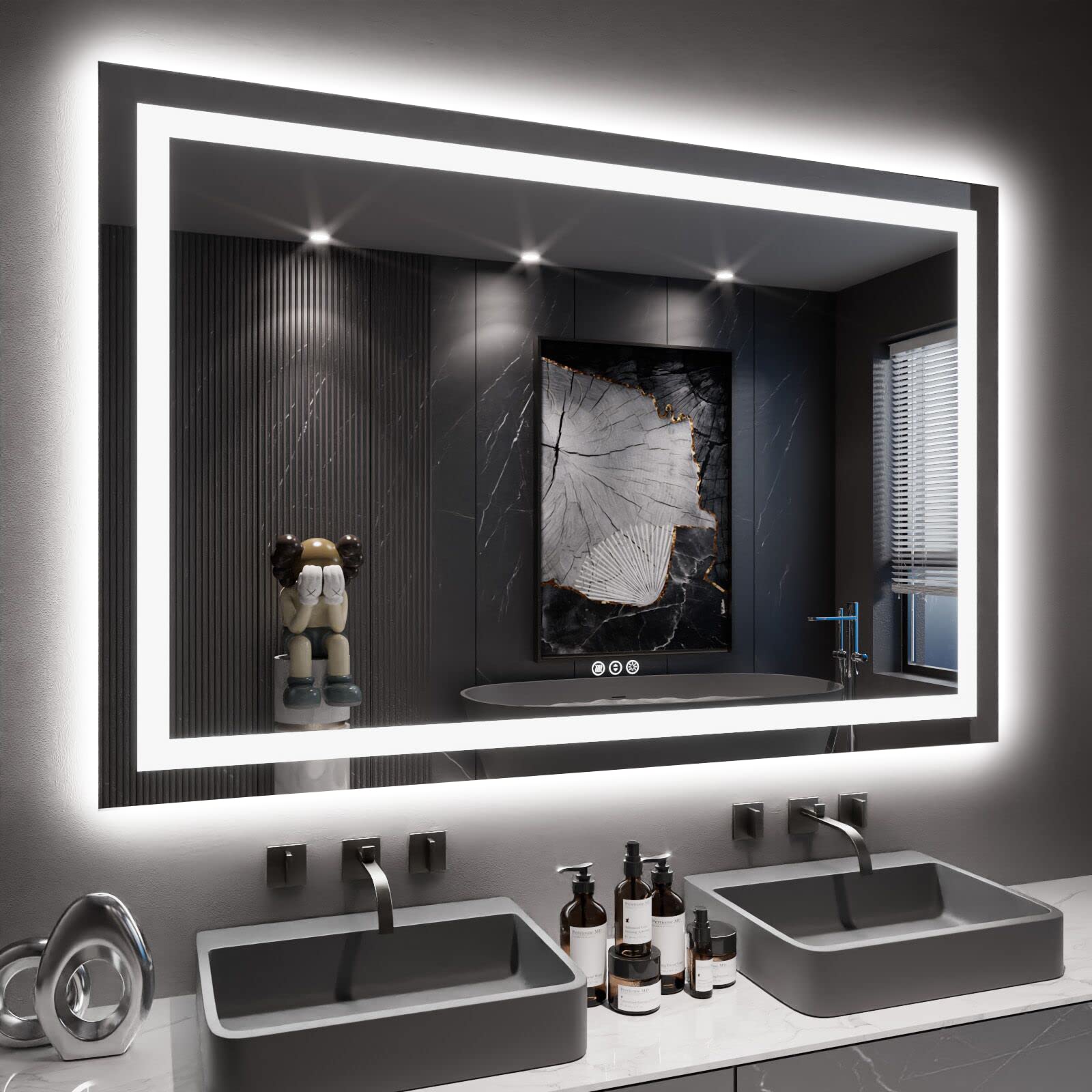 Loaao 60X40 Led Bathroom Mirror With Lights, Anti-Fog, Dimmable, Backlit + Front Lit, Lighted Bathroom Vanity Mirror For Wall, M