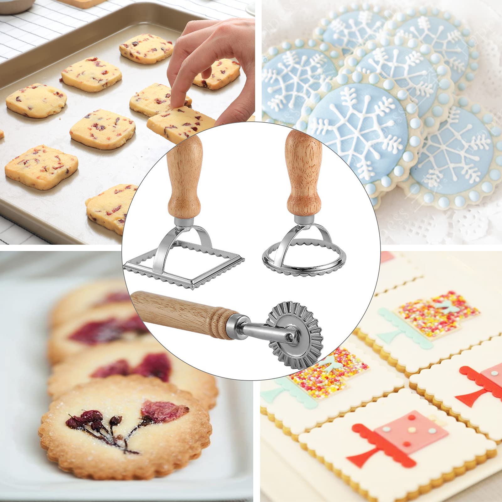 Ravioli Maker Stamp Cutter With Roller Wheel Set, Pasta Maker Mold With Wooden Handle And Fluted Edge, Ravioli Cutter And Press