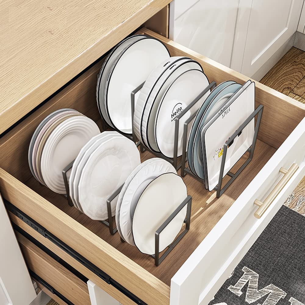 Mingfanity 4Pcs Plate Holders Organizer, Metal Dish Storage Dying Display Rack For Cabinet, Counter And Cupboard, Grey, 4 Large