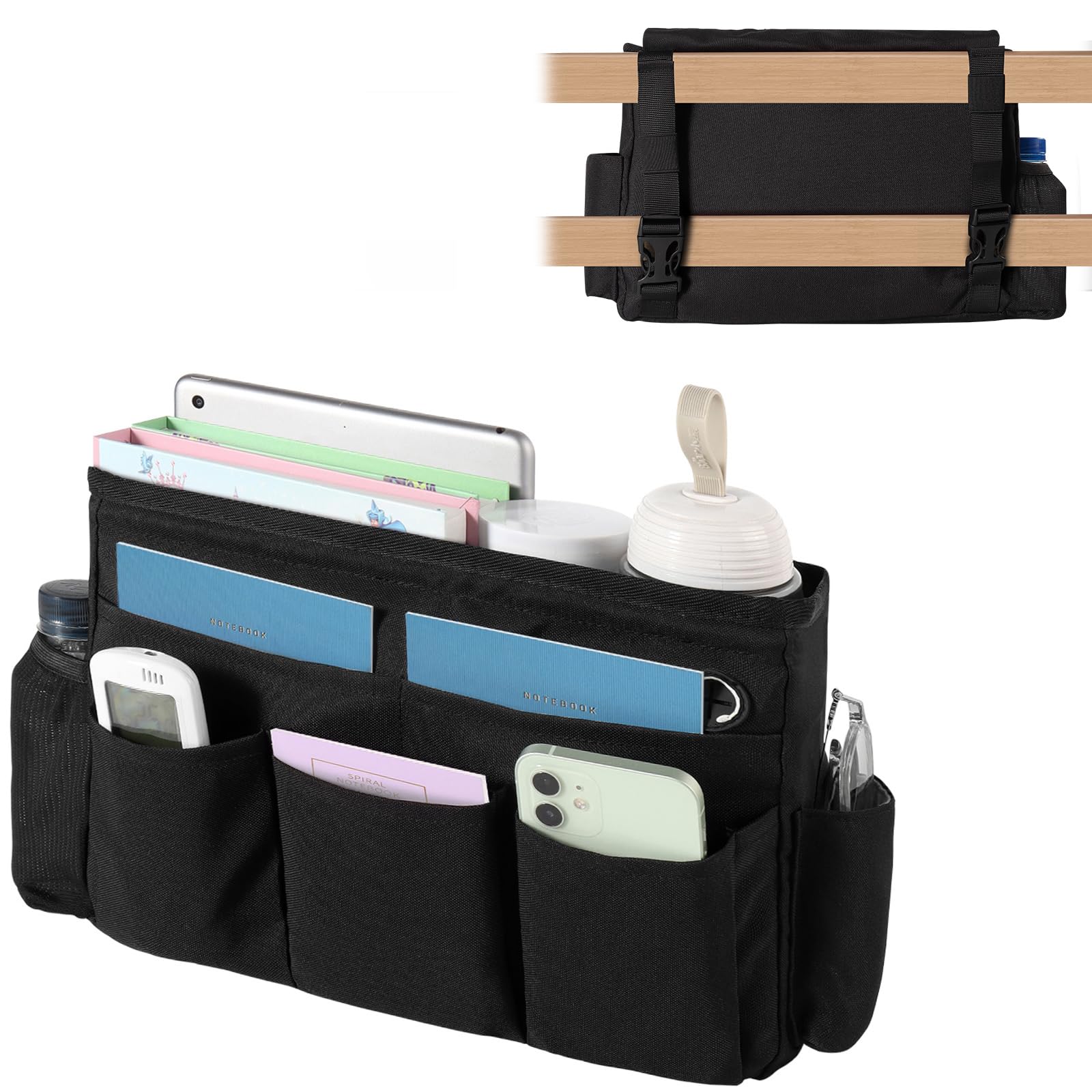 WOMACO Bedside Caddy, Dorm Bed Caddy with Adjustable Strap Buckles, Heavy Duty Multi Pockets Bunk Loft Bed Accessories Hanging O