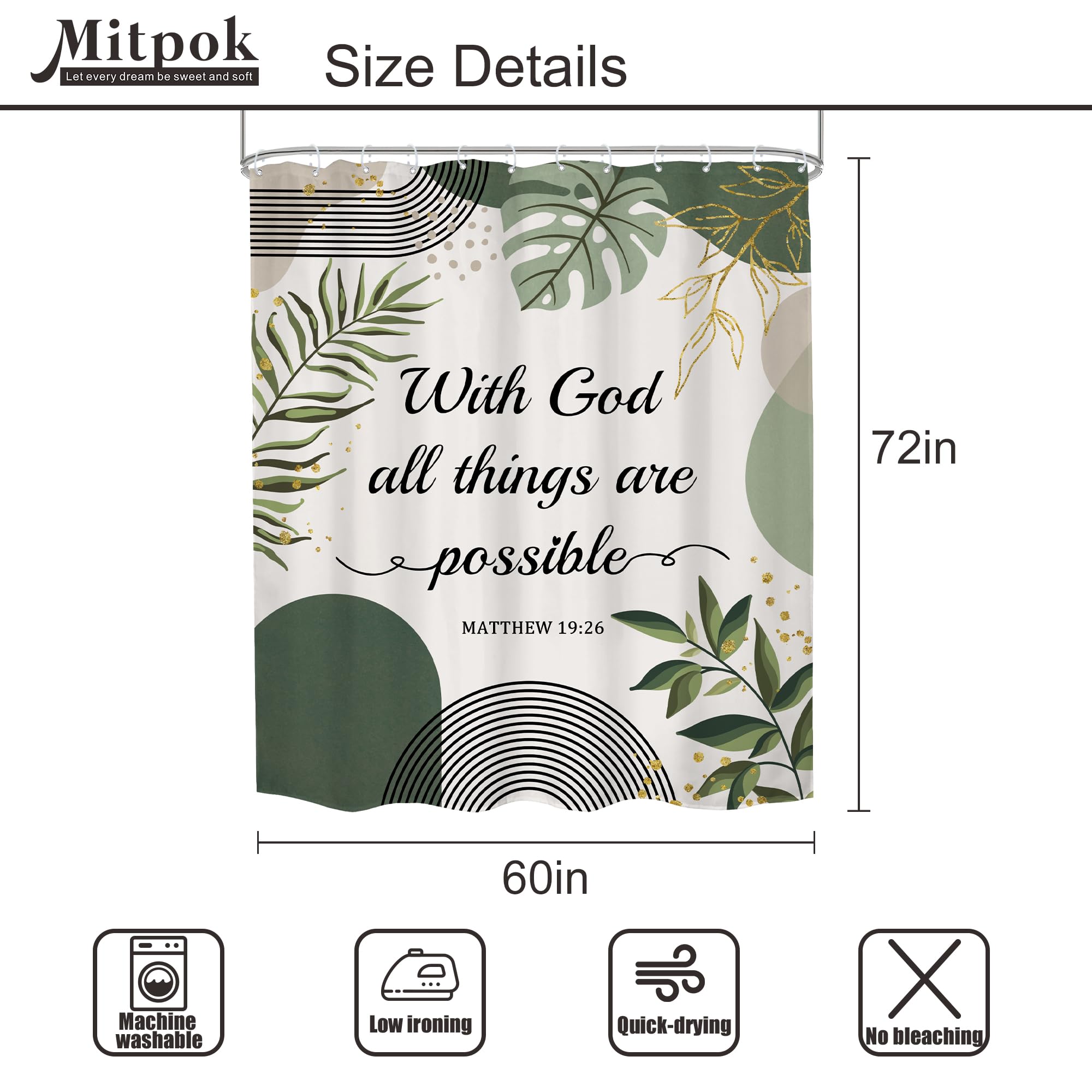 Mitpok Bible Verse Scriptures Christian Shower Curtain Sage Green Boho Mid Century Modern Abstract Quotes Gold Leaves 60Wx72H Ba
