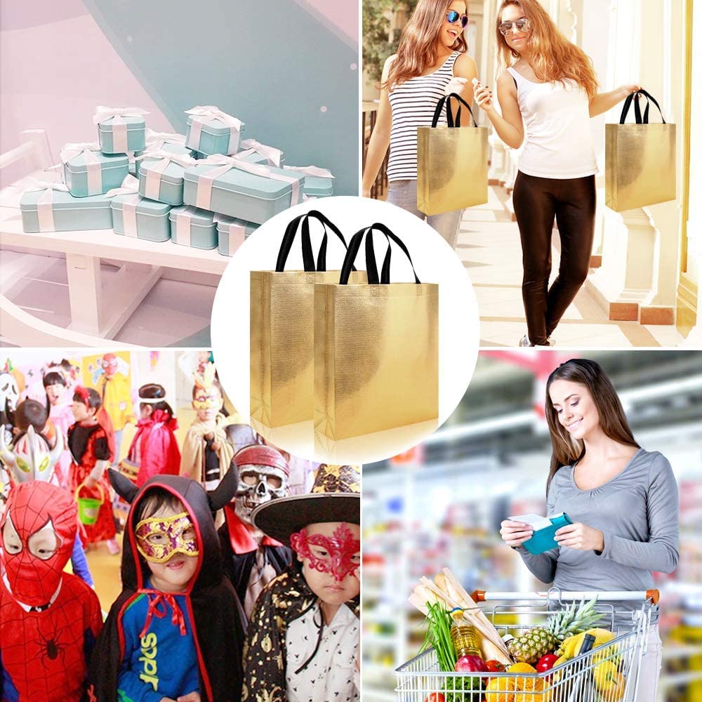 DRAPME Medium Size Pack of 50 Pcs Glossy Metallic Laminated Non-Woven Reusable Eco-Friendly Party Return Gift Bags (Golden) (Med