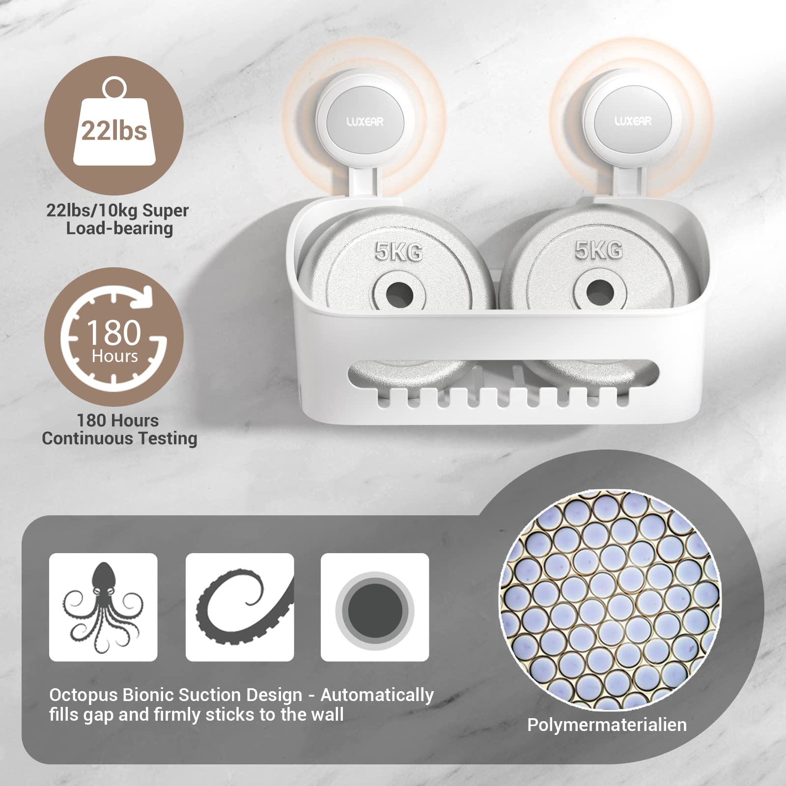 Luxear 4 Packs Shower Caddy Suction Cup Set - Shower Shelf+Soap Dish+Suction Hooks - 1 Second Installation No-Drilling Removable