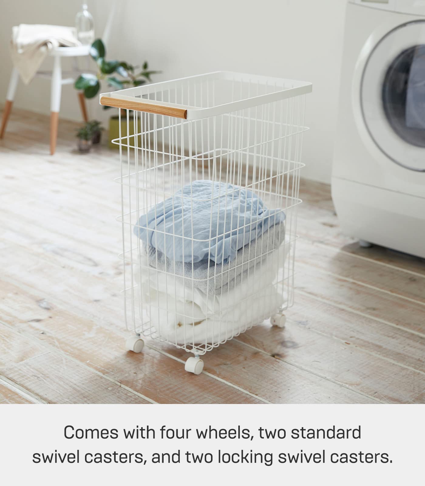 Yamazaki Home Wire Slim Saving Rolling Wheeled Clothing Hamper | Steel + Wood | Laundry Basket, One Size, White