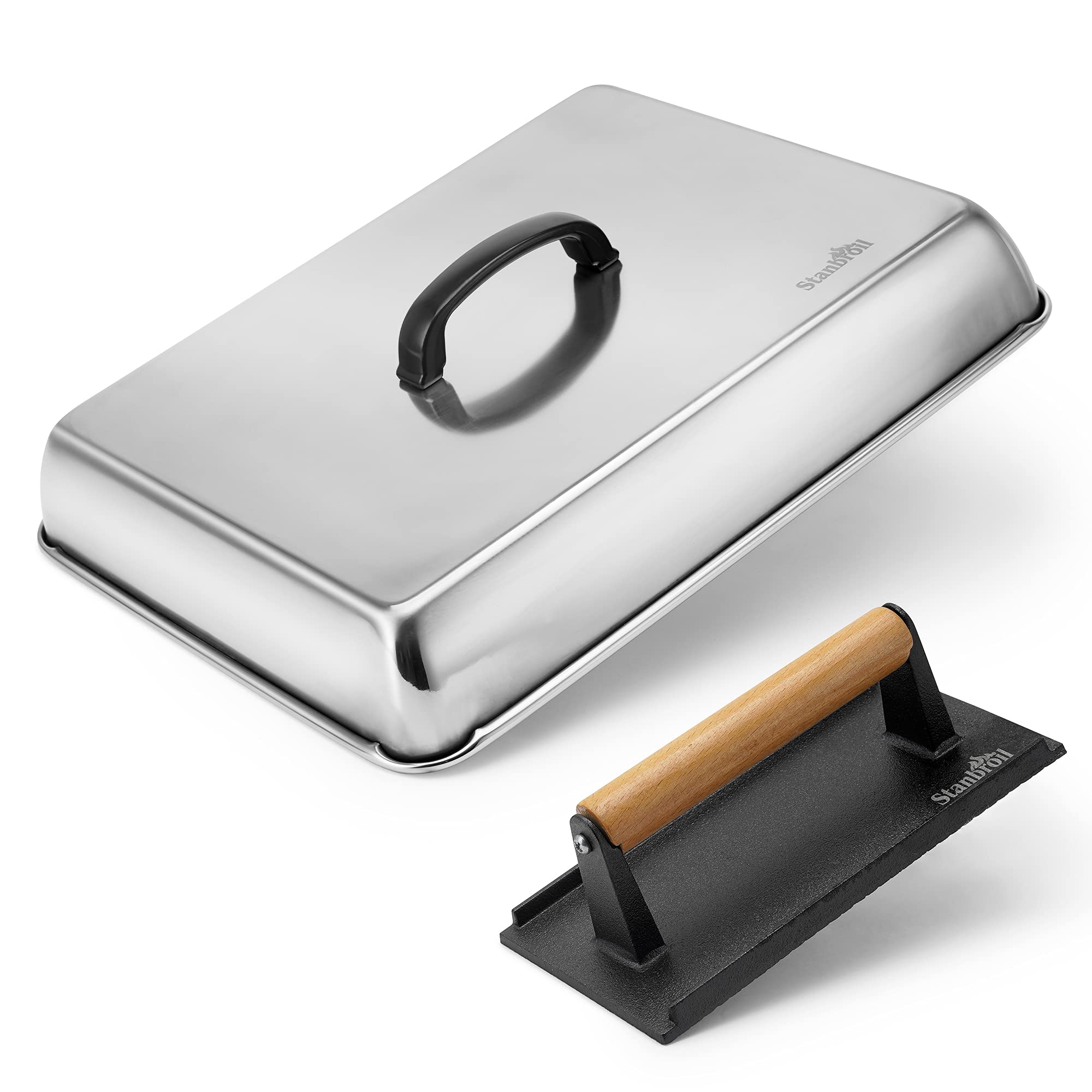 Stanbroil Melting Dome & Grill Press Kit- Stainless Steel Basting Cover Cheese Melting Dome With Cast Iron Burger Bacon Press Fo
