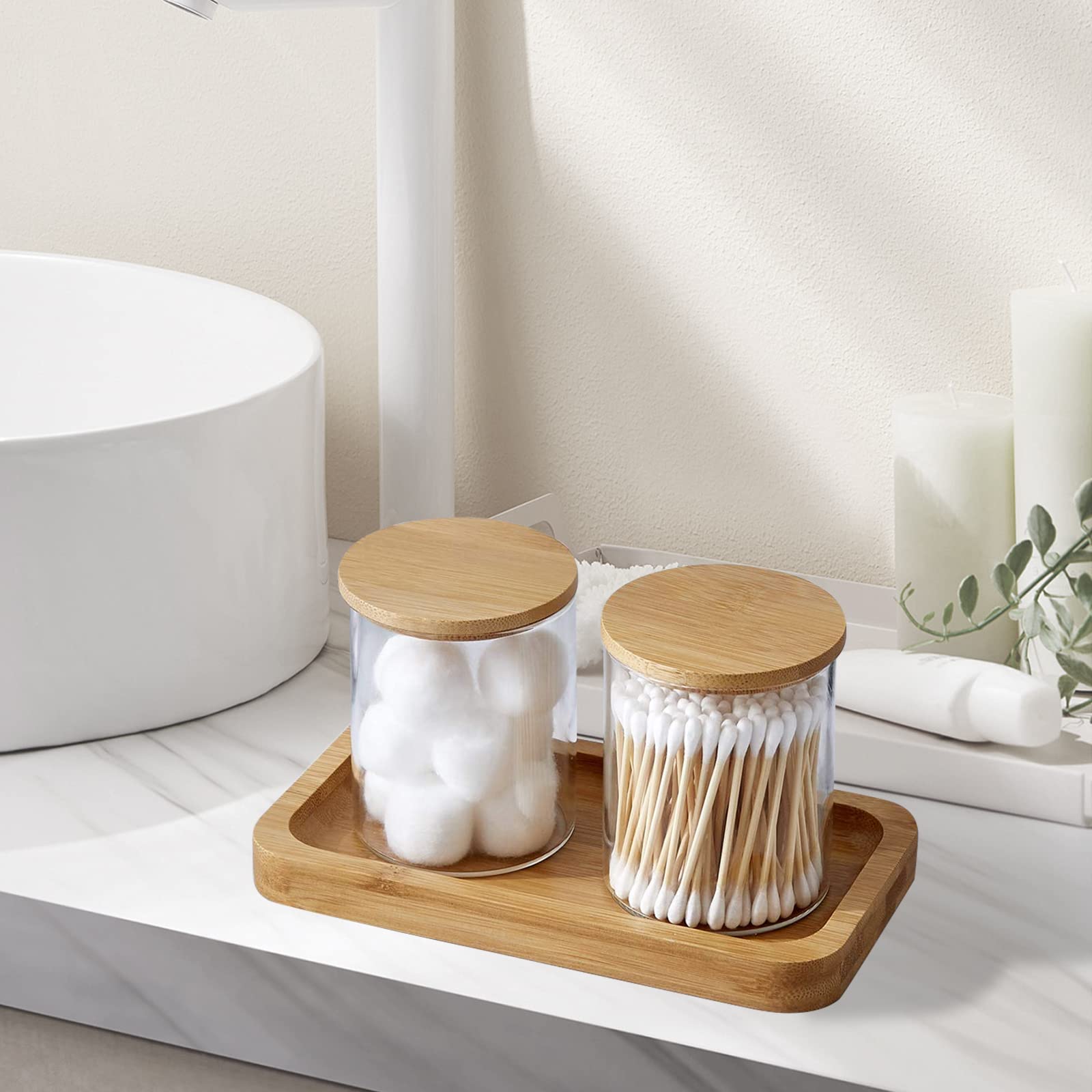 Bamboo Vanity Tray  Bathroom Tray Organizer Glass Qtip Holder Dispenser Apothecary Jars for Cotton Swabs Balls  Round Pad  Perfume Candles  Cosmetics and Jewelry Storage Organizer