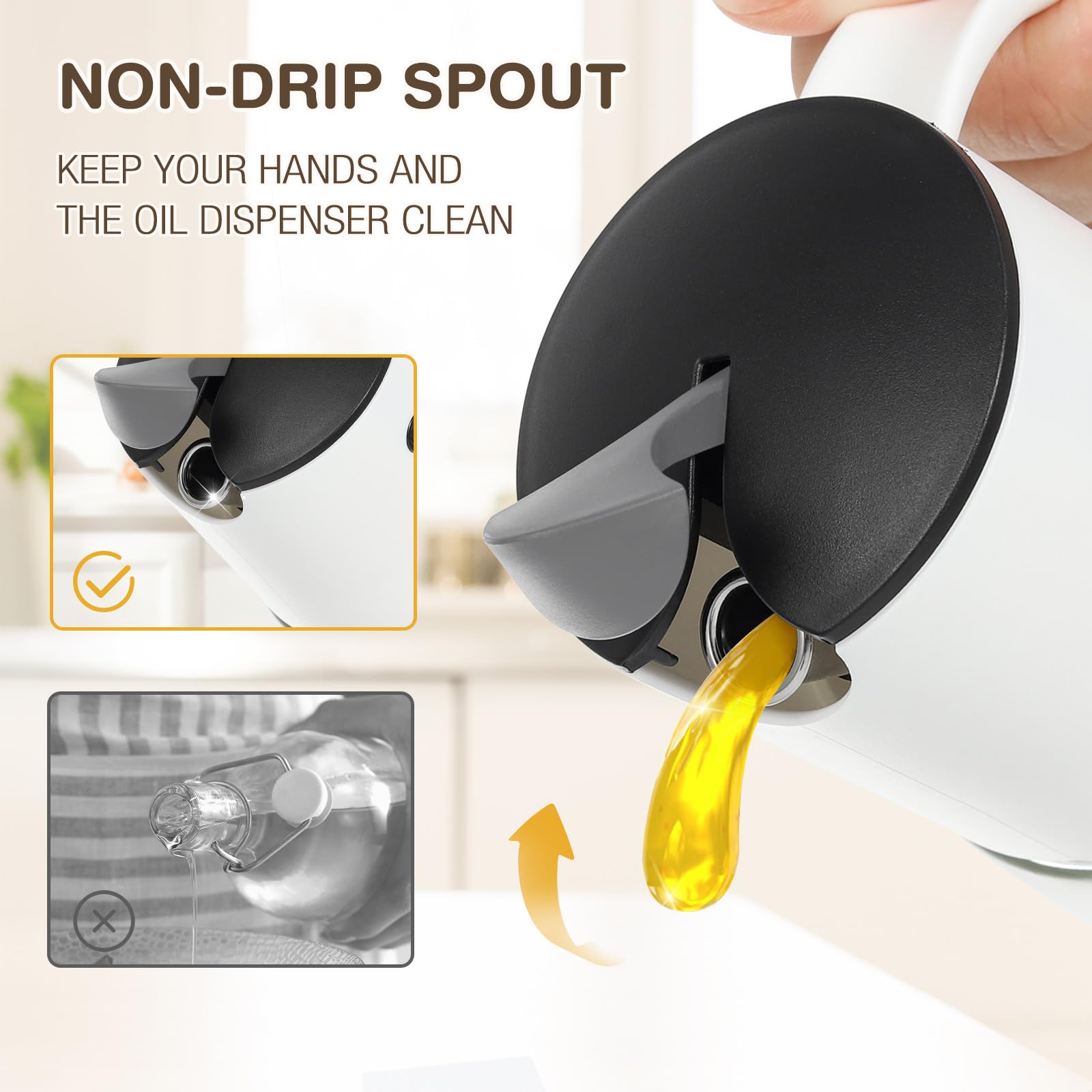 Vucchini Olive Oil Dispenser Bottle Auto Flip Vinegar Dispenser For Kitchen With No-Drip Bottle Spout Pourer(10 Oz,White Color)