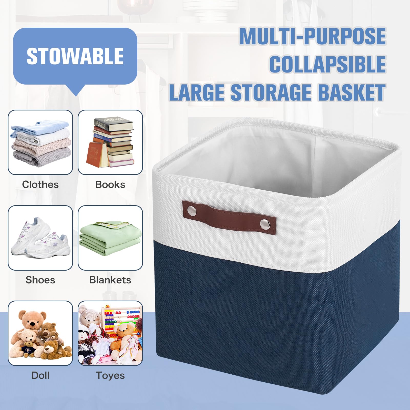 Finishingbo Cube Storage Baskets 6 Pack, 11X11 Inch Foldable Cube Storage Bins With Leather Handles For Shelf Closet Nursery Toy
