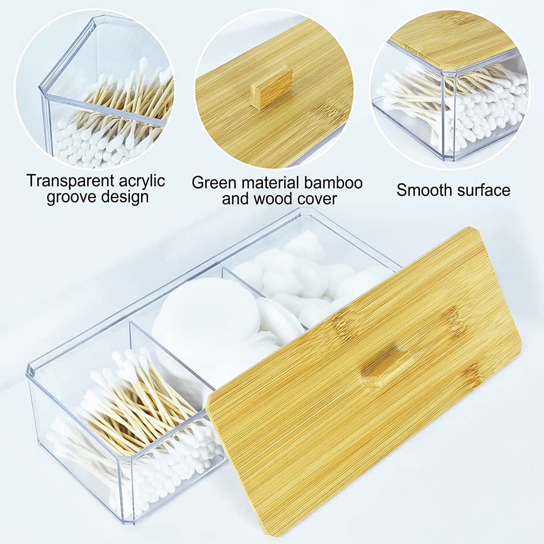 Acrylic Qtip Holder Dispenser With Wood Lid, 3 Compartment Cotton Ball Holder, Bathroom Organizer For Q Tip, Cotton Swab And Cot