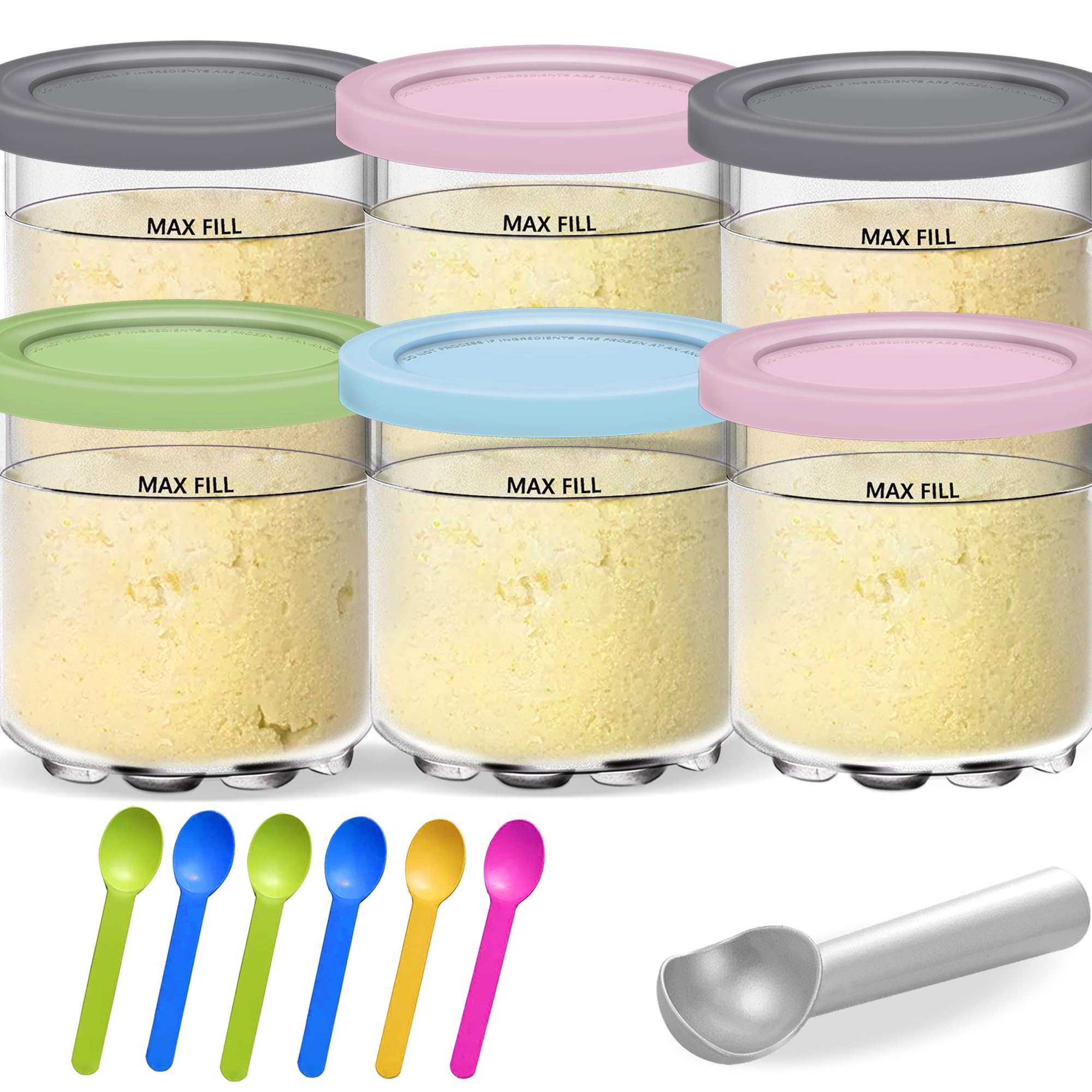 Creami Pints And Lids For Ninja - 6 Pack Creamy Icecream Containers Cups Tubs Set, Smoothie Pot Compatible With Nc299Amz Nc300S 