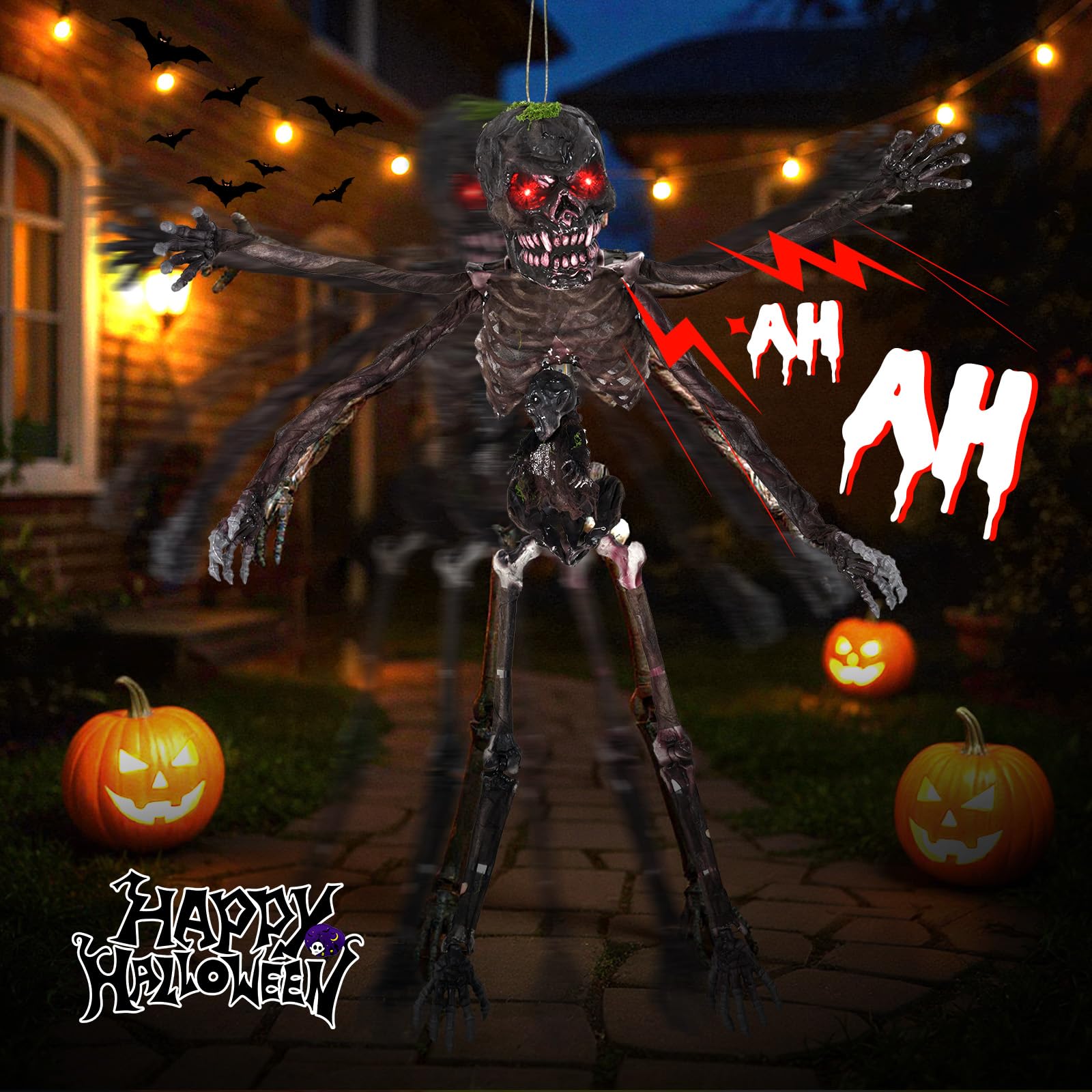 Tangkula 6Ft Halloween Animatronics Decoration with Glowing Red Eyes, Creepy 4-Armed Scary Skeleton for Outdoor Yard, Haunted Ho