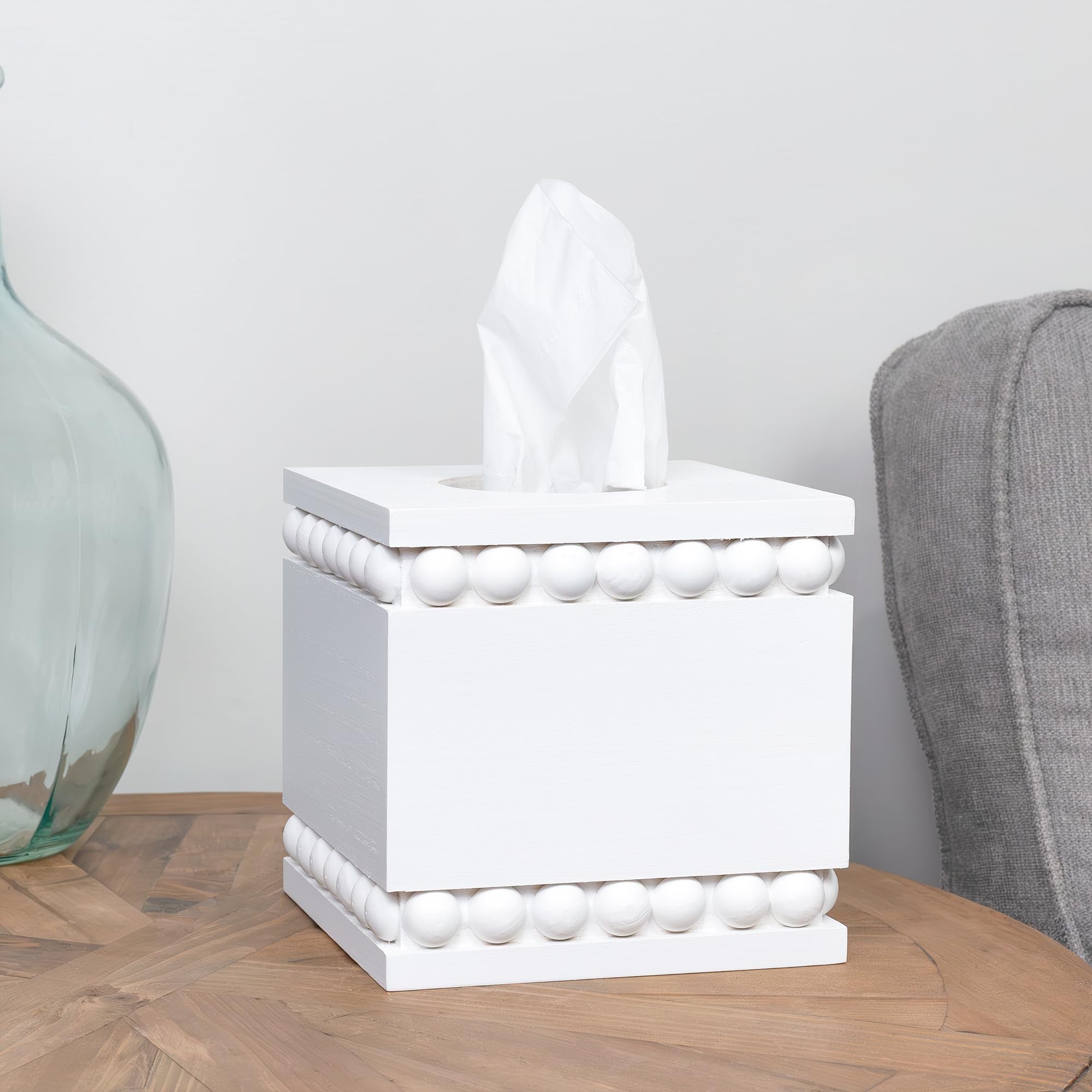 Auldhome Design Beaded Square Tissue Box Cover (White); Rustic Farmhouse Wood Tissue Holder