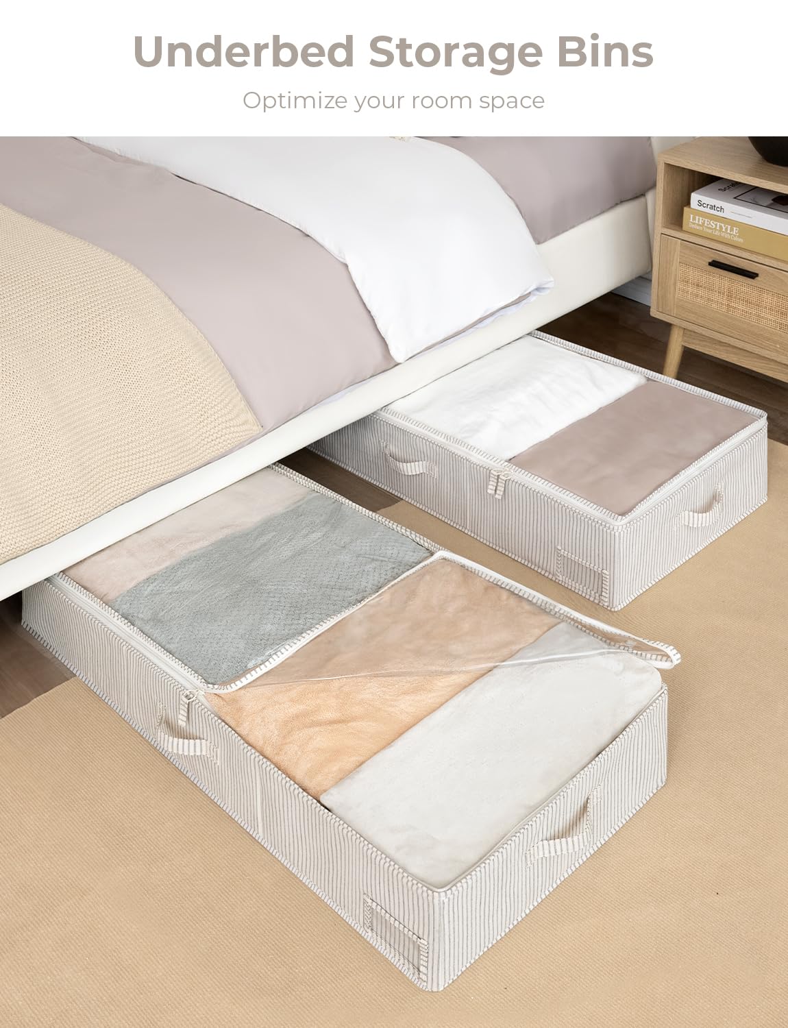 StorageWorks Underbed Storage Bins, Under Bed Storage Containers with Zippers, Closet Organizer for Clothes, Blankets, Gray and