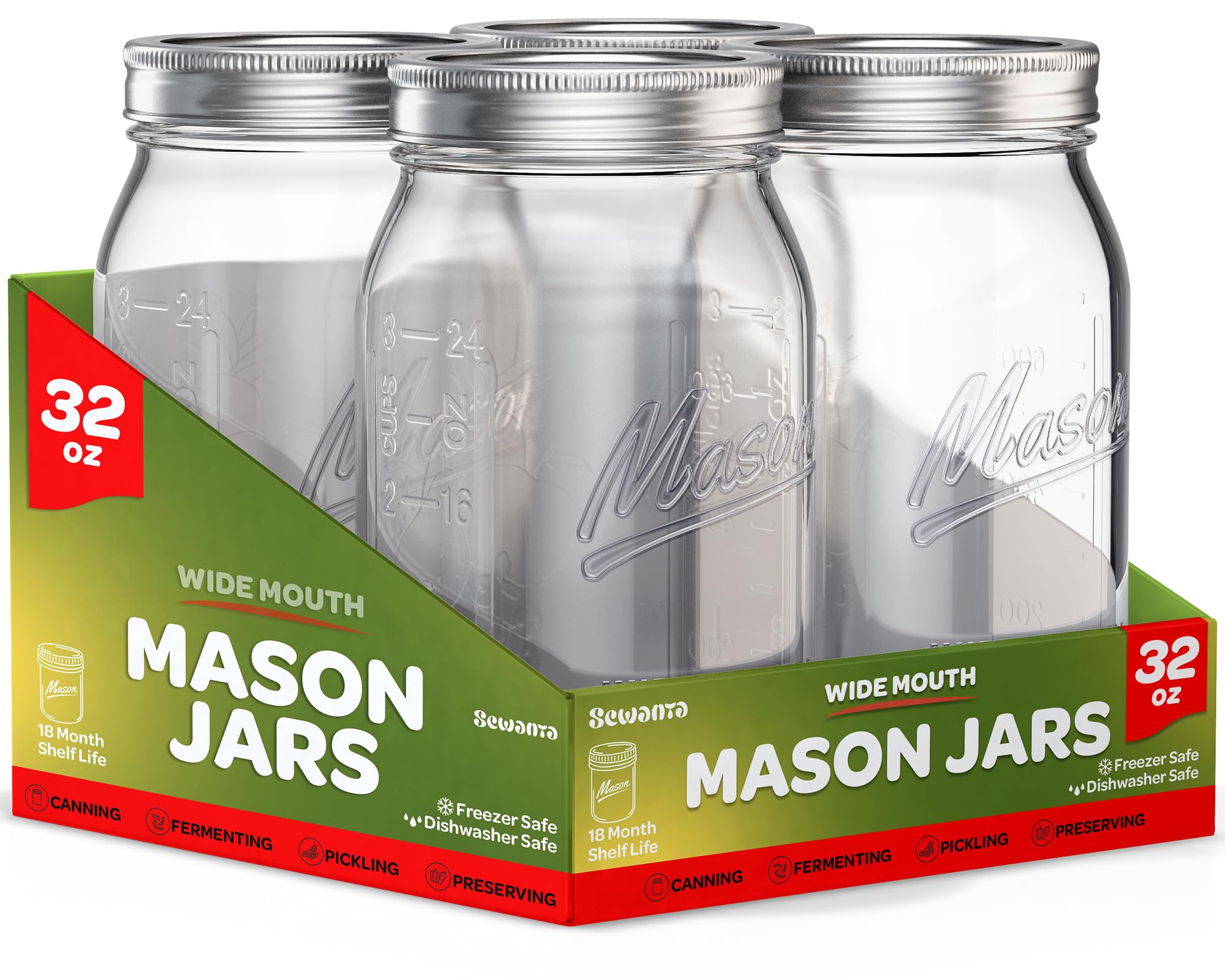 Sewanta Wide Mouth Mason Jars 32 Oz [6 Pack] With Mason Jar Lids And Bands, Mason Jars 32 Oz - For Canning, Fermenting, Pickling