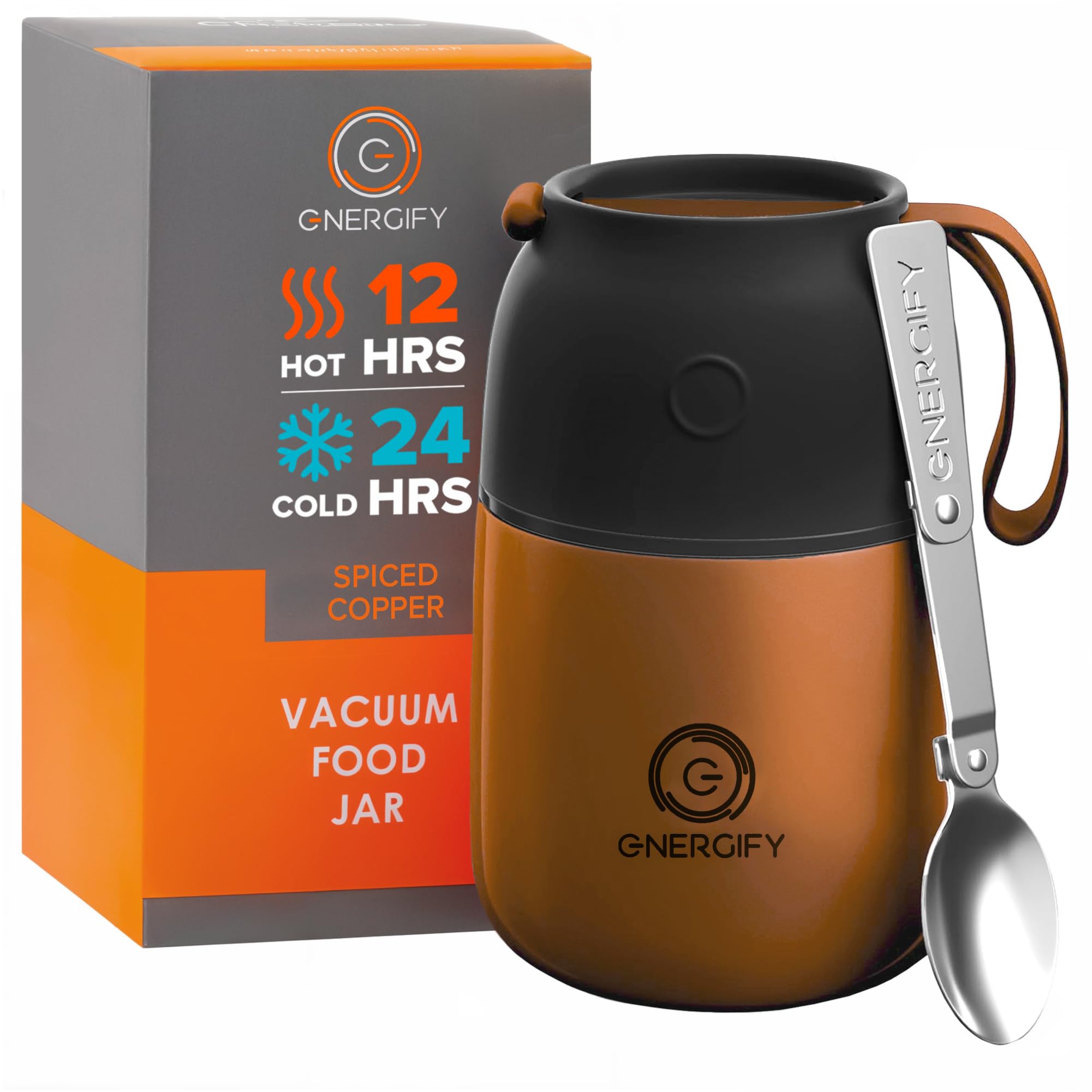 ENERGIFY Vacuum Insulated Food Jar. Large 17oz Bowl incl Folding Spoon, Cup. Wide Mouth Keep Hot & Cold Drinks Soup Lunch Contai