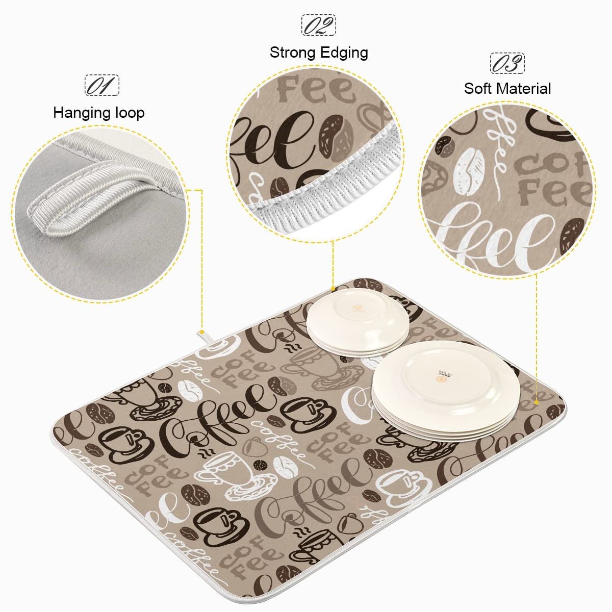 Coffee Mat Coffee Cup Drying Mat Coffee Maker Mat For Counter Tops,Coffee Lover Microfiber Dish Drying Mats Large Brown Kitchen