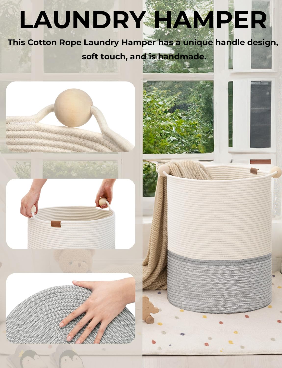 Storageworks 58L Cotton Rope Laundry Basket With Wooden Beads Handles, Woven Basket For Storage, Dirty Clothes, Kids Toys, Towel