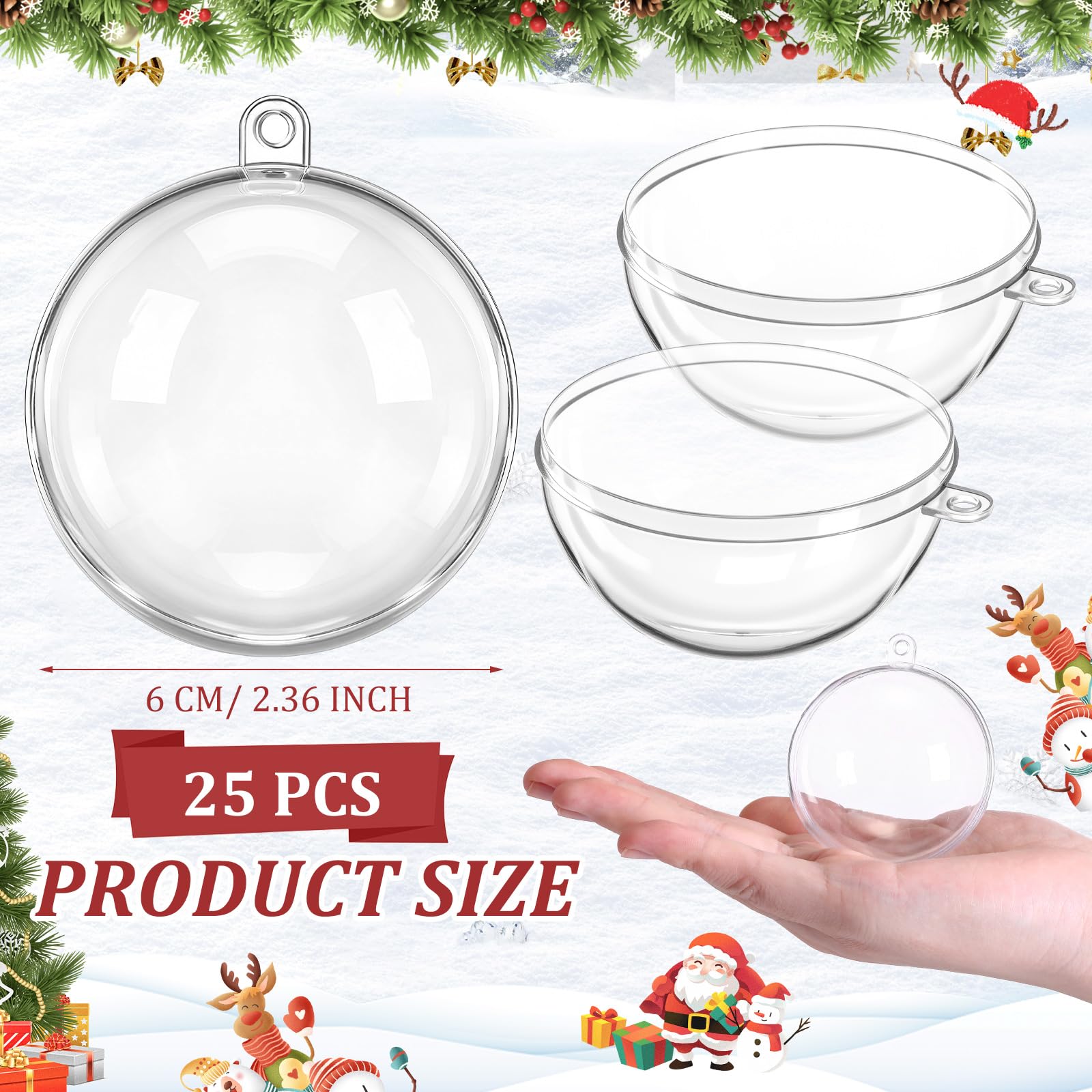 Wettarn 25 Pcs Clear Christmas Ornaments Balls 2.36 Inch/ 60 mm Plastic Fillable Ornaments Ball for DIY Crafts, Acrylic Christma