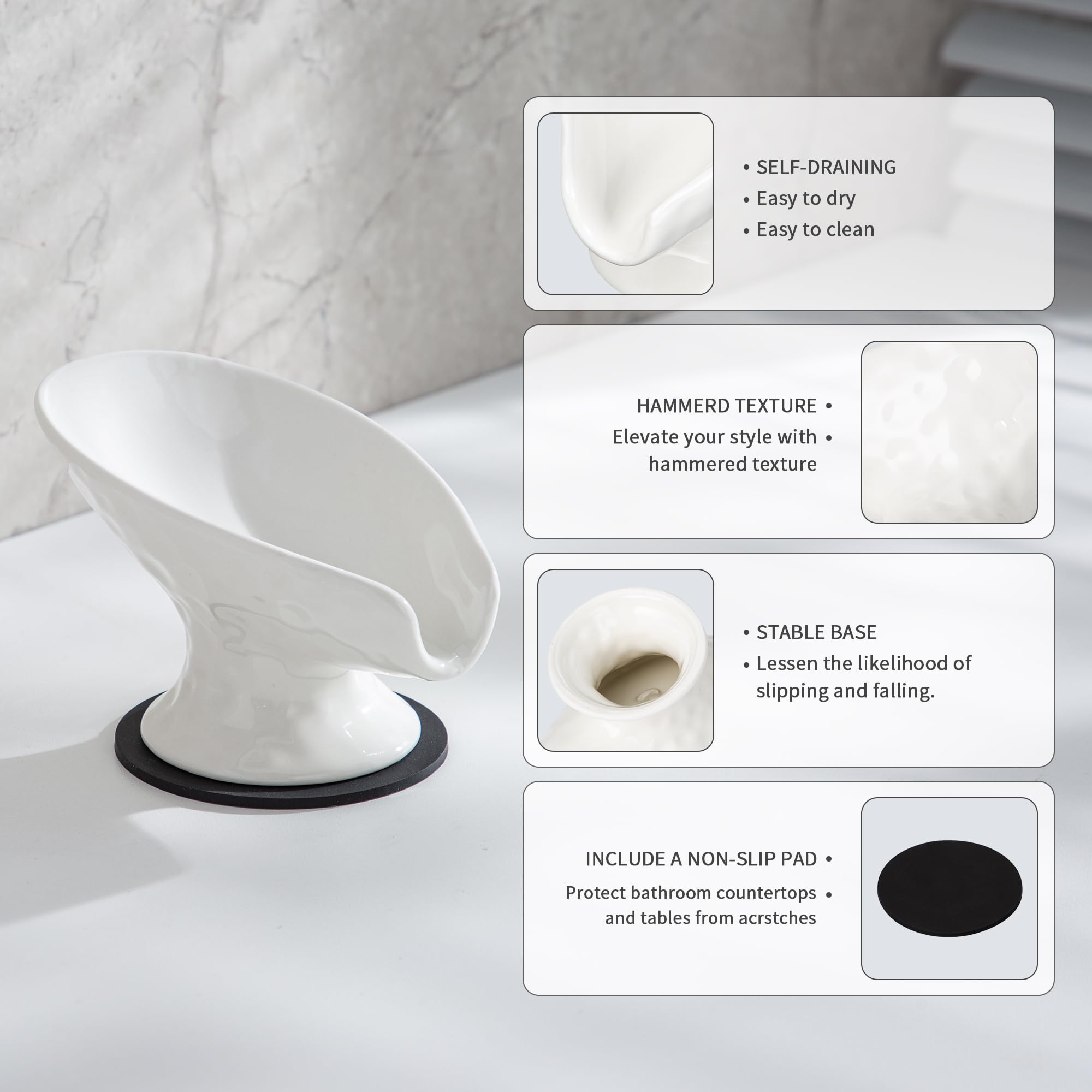 Self Draining Soap Dish,Soap Bar Holder For Shower,White Ceramic Soap Dishes For Bathroom Kitchen Shower Keeps Soap Dry, Easy To