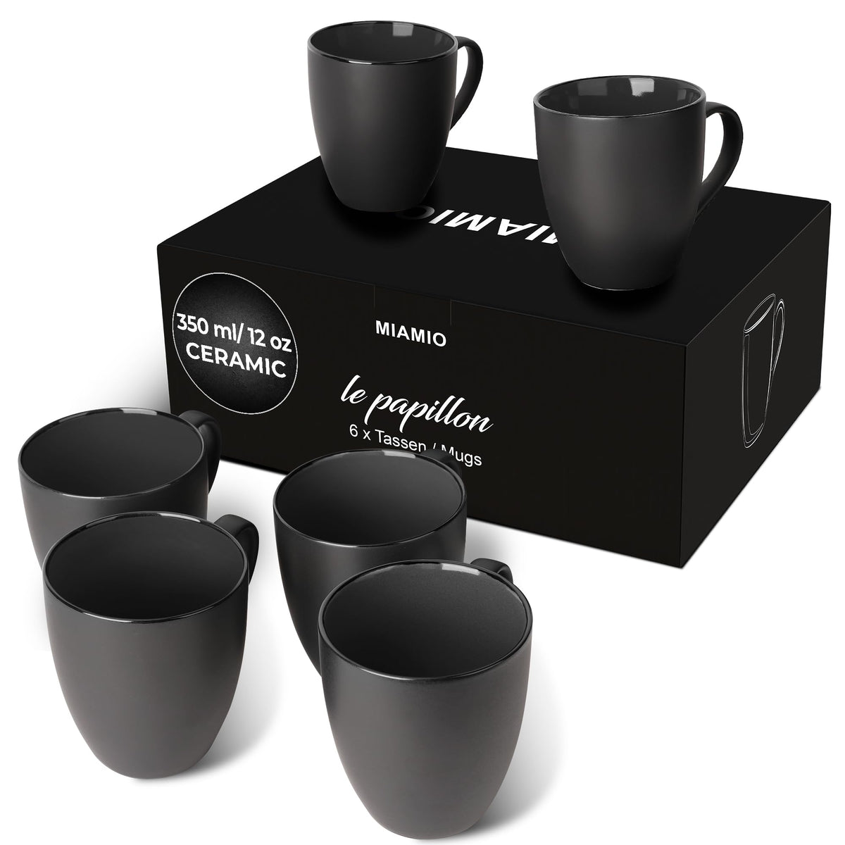 Miamio - Set Of 6 Stoneware Coffee Mugs 12 Ounce/Cup Set - Le Papillon Collection (White-Colourful)