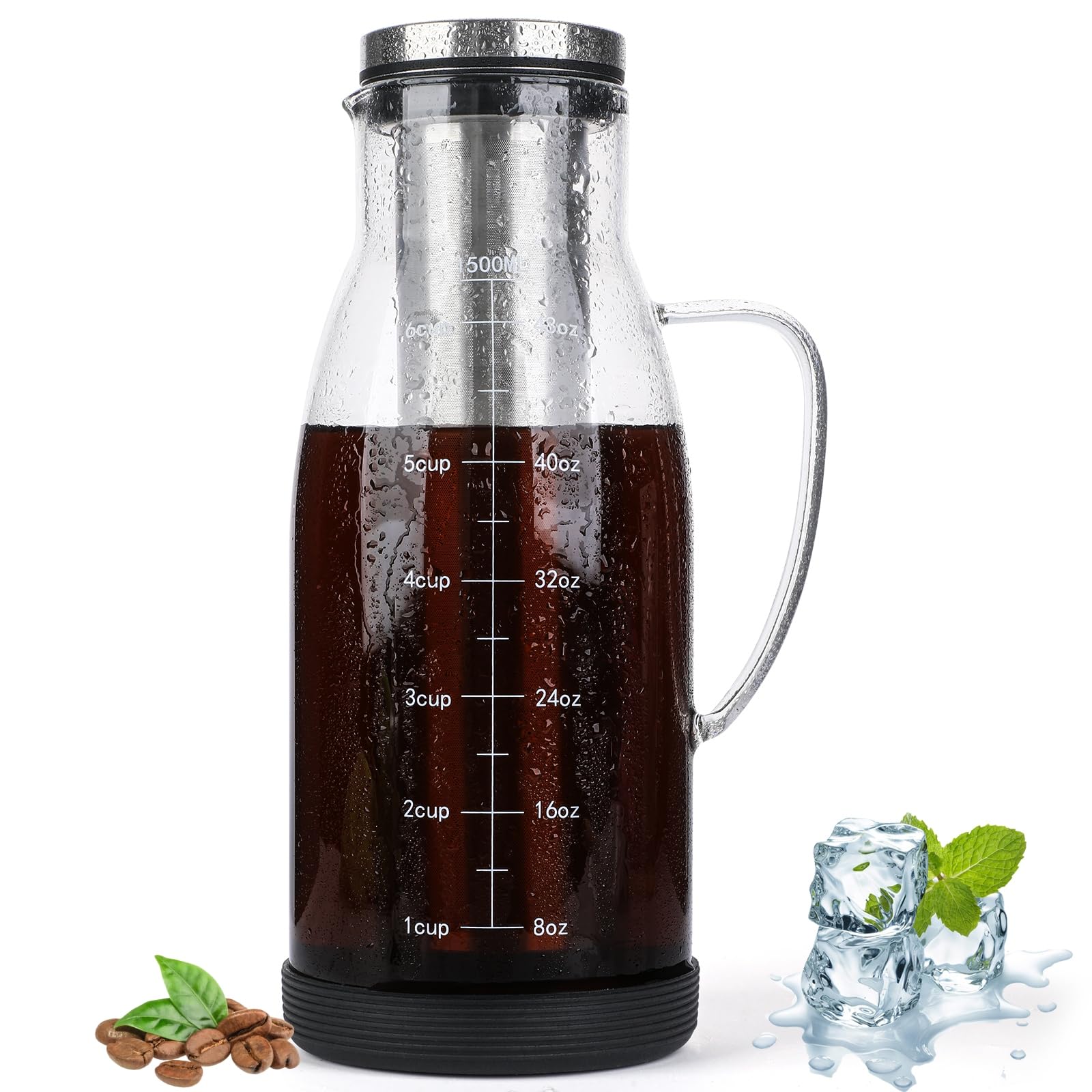 CHDEXU Airtight Cold Brew Coffee Maker Pitcher 51oz, Glass Iced Coffee Maker Pitcher with Removable Stainless Steel Filter and N