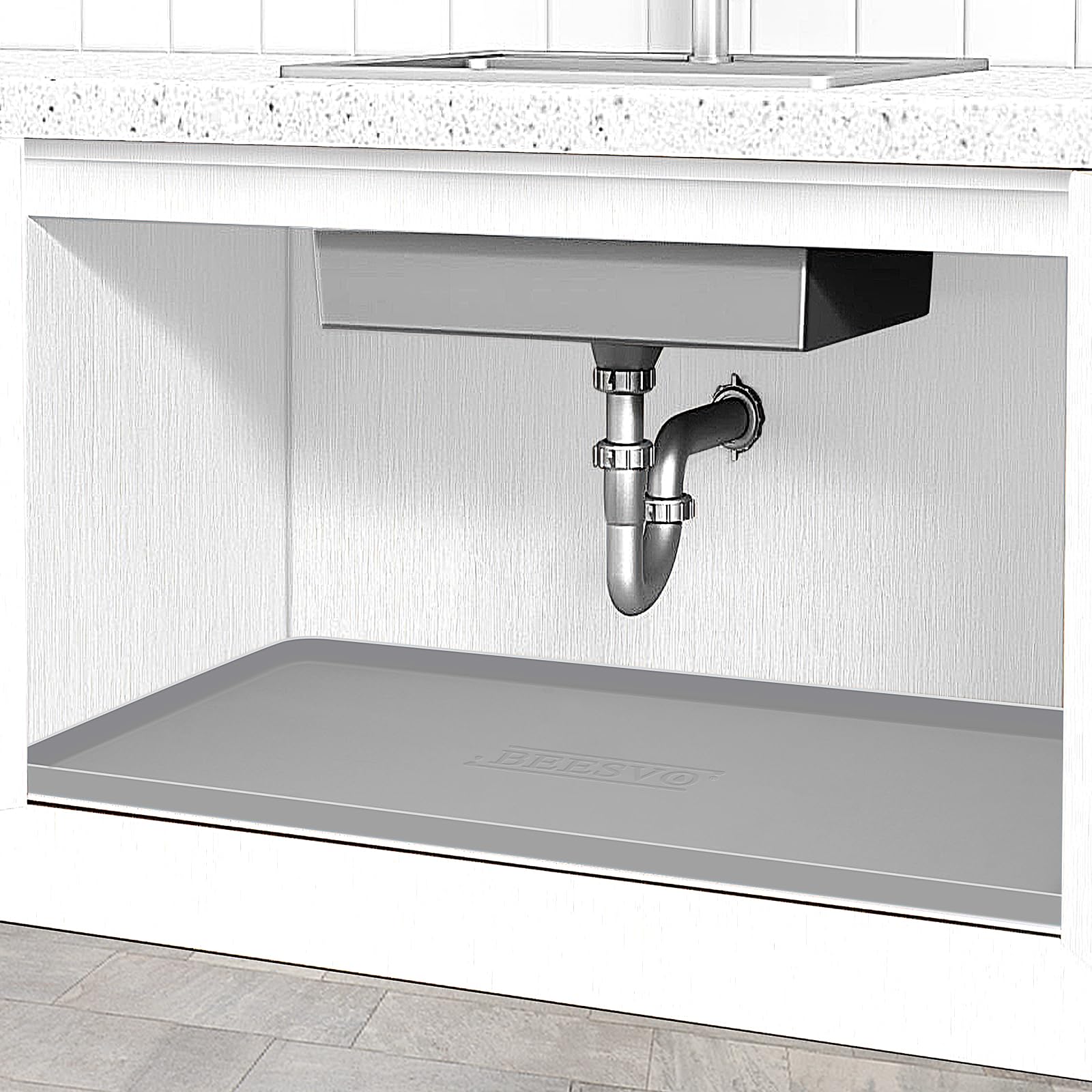 BEESVO Under Sink Mat Kitchen & Bathroom Cabinet Liner  34'' x 22'' Silicone Waterproof Under Sink Drip Tray  Hold up to 3.3 Gallons Liquid  Cool Grey
