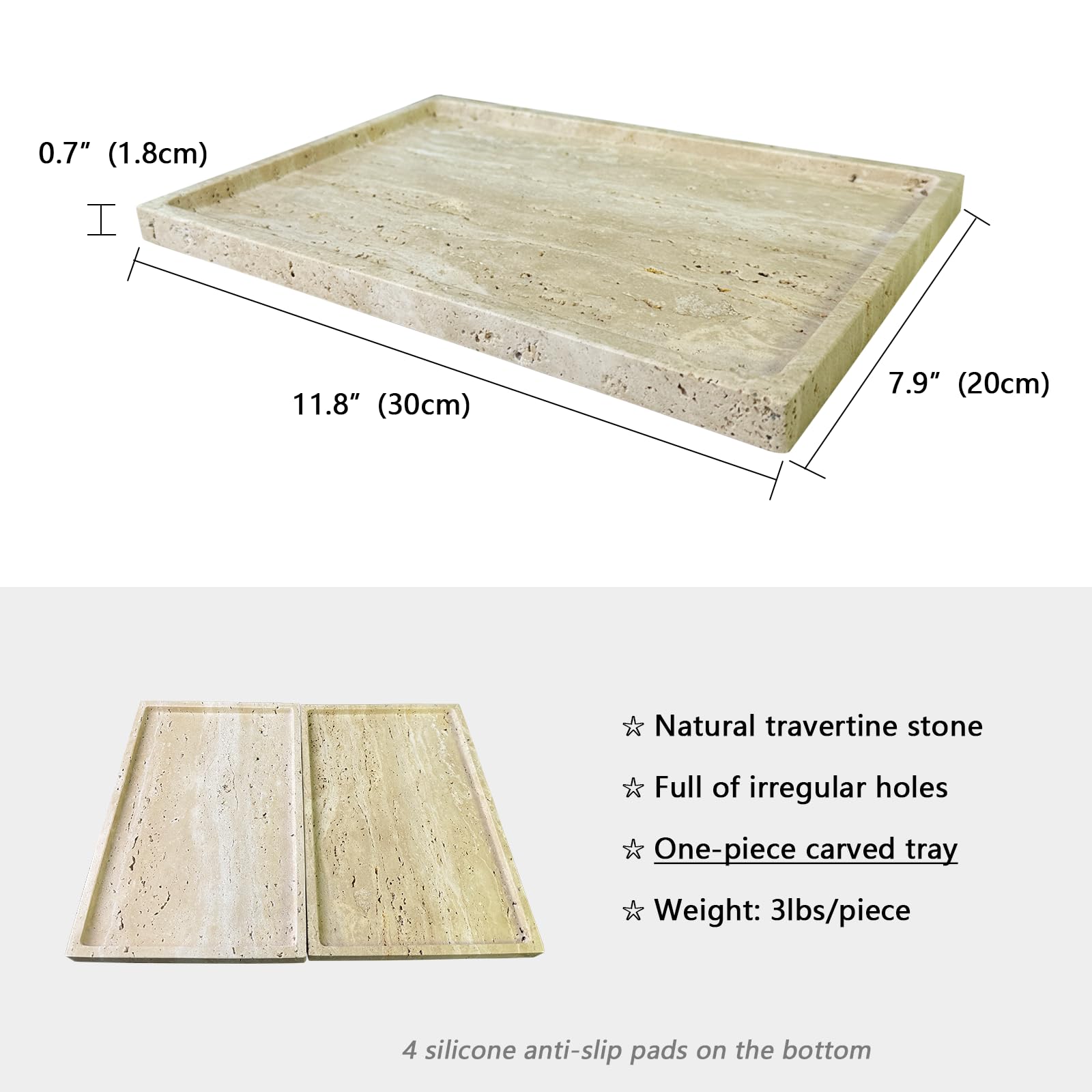 Ghyfgd Real Natural Travertine Tray Genuine Marble Stone Storage Tray For Dresser/Vanity/Bathroom (Beige Travertine, 12'' X 8'')