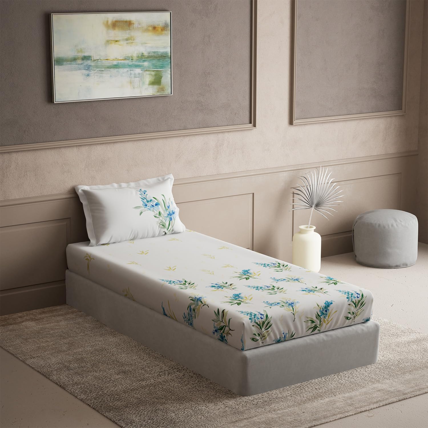 DDECOR Live beautiful Cotton Single Bed Sheet Set with 1 Pillow Covers (152 CM X 224 CM, Blue) Digital Print Classical 145TC GSM