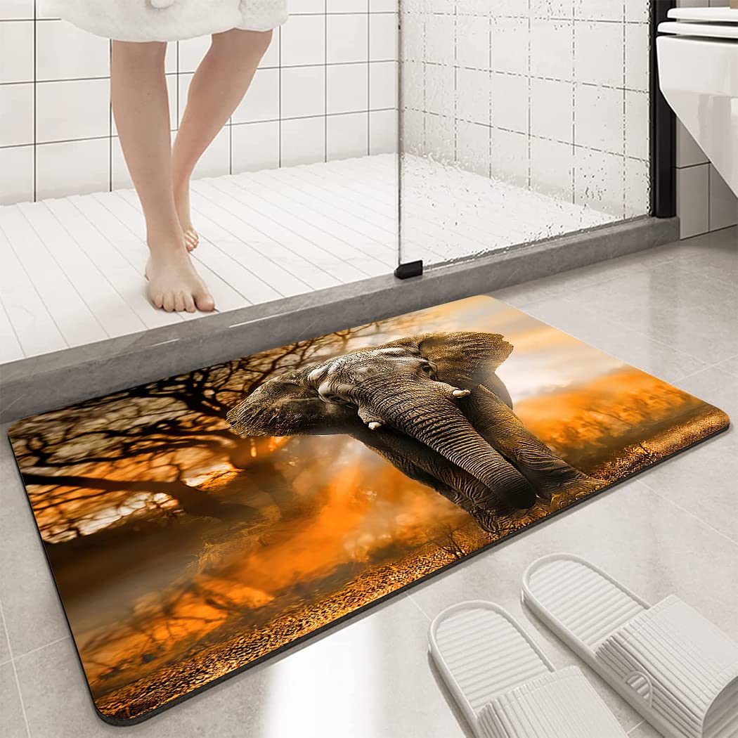 Ohtmtho 17''X24'' Bathroom Rugs Non Slip Washable Bath Mat Small Door Floor Mat Printed With African Elephant Orange