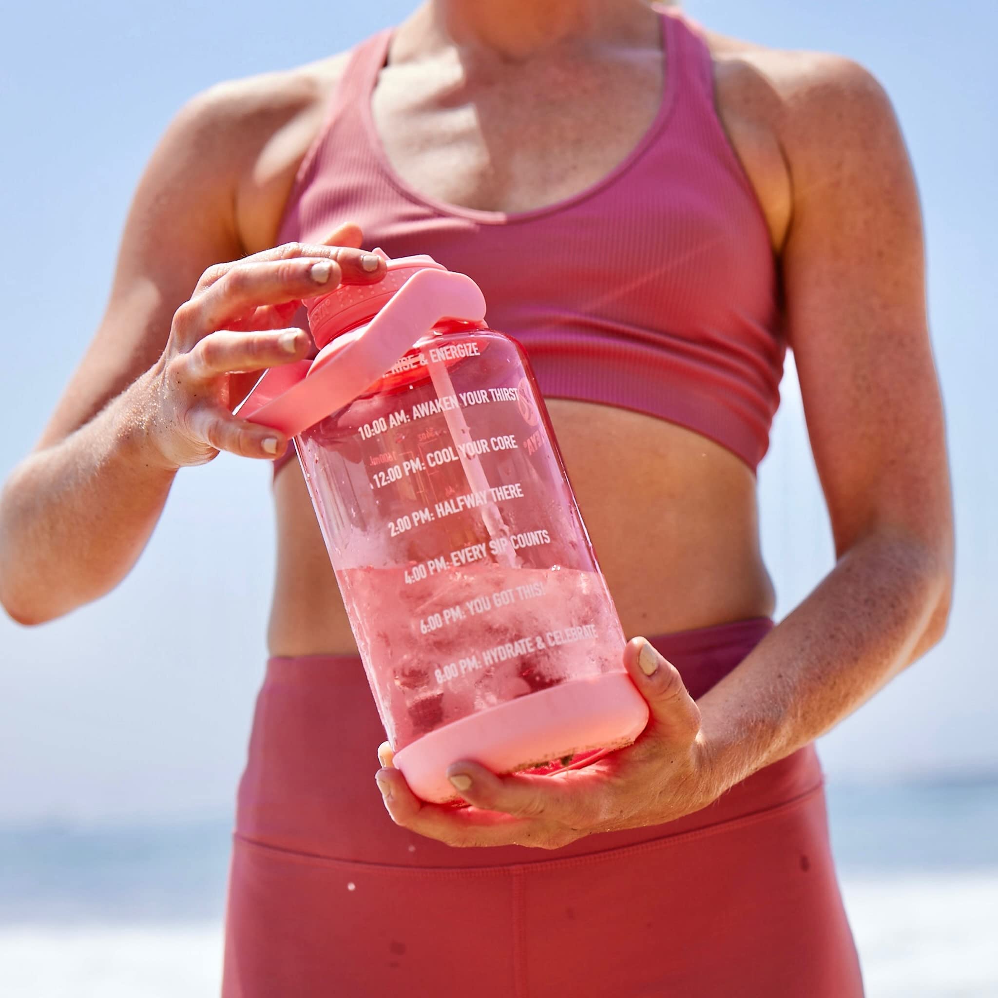Takeya Premium Quality Motivational Water Bottle With Straw Lid, Times To Drink, Bpa Free Tritan Plastic, 64 Ounce, Flutter Pink