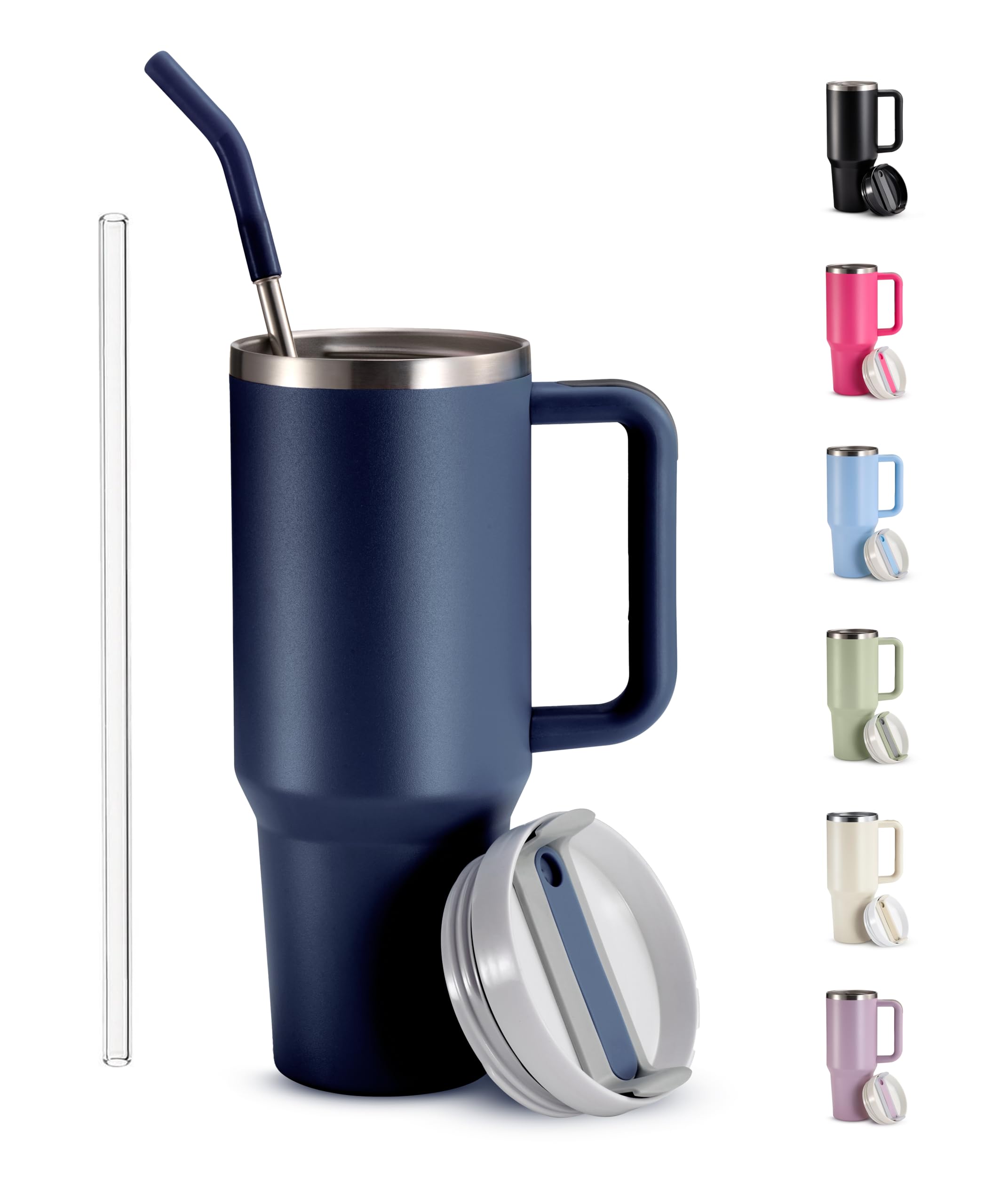 KooK Tumbler with Straw and Handle, 40 Oz, Stainless Steel, Vacuum Insulated Travel Coffee Mug, Reusable Double Walled Water Bot