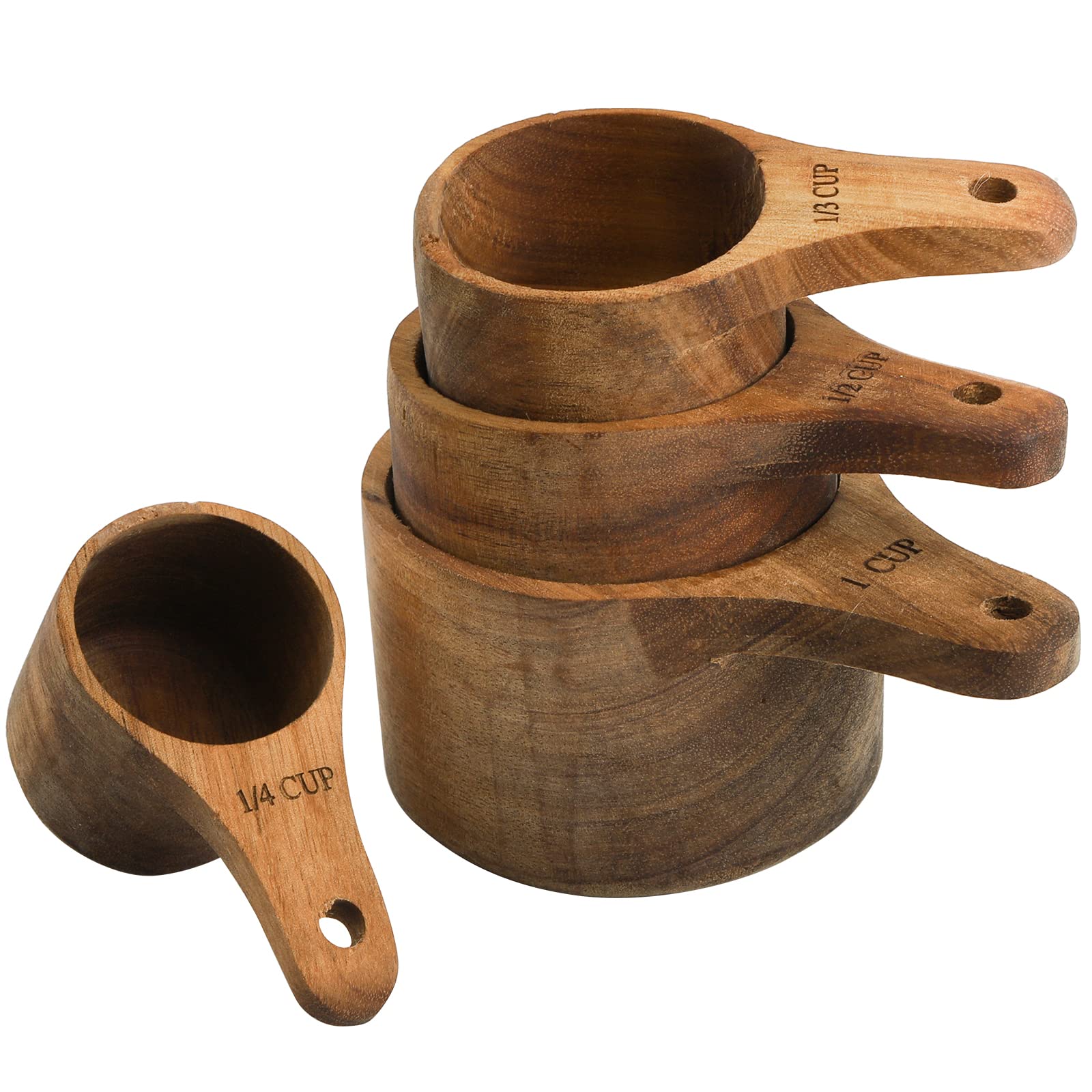 Lyellfe Set of 4 Acacia Wood Measuring Cups, Measure Tool with Handle