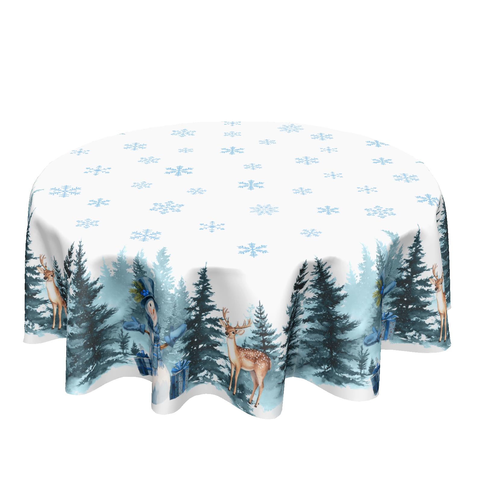 ABSOP Christmas Reindeer Round Tablecloth Xmas Snowflake Pattern 60 Inch White Blue Table Cloth Winter Holiday Table Cover Washa