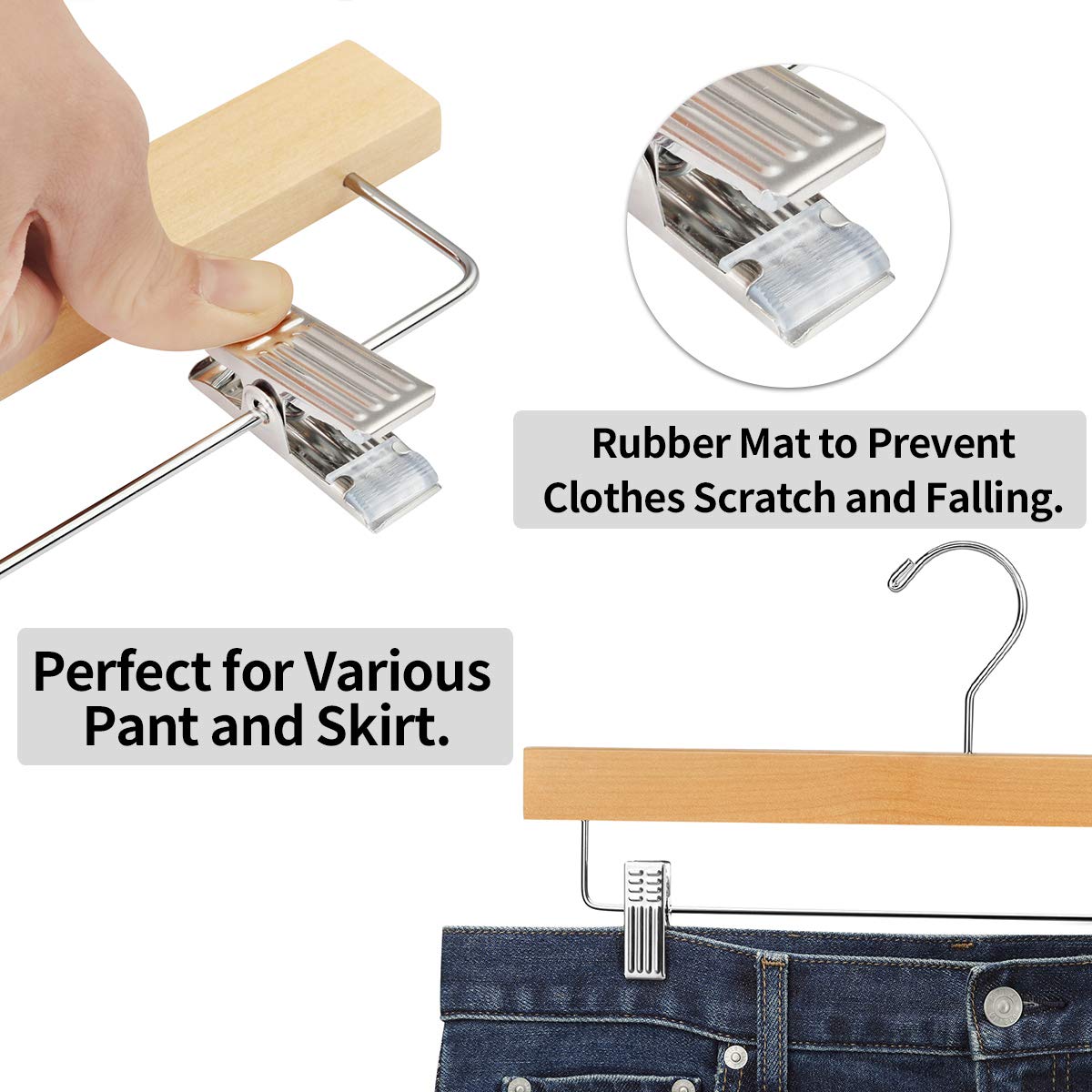 AMKUFO 20pcs Wooden Pants Hangers Solid Pants Hangers with Adjustable Clips 14 Inch Natural Wood Skirt Hangers Trousers Bottom Hangers with Non-Slip Clips and 360? Swivel Hook