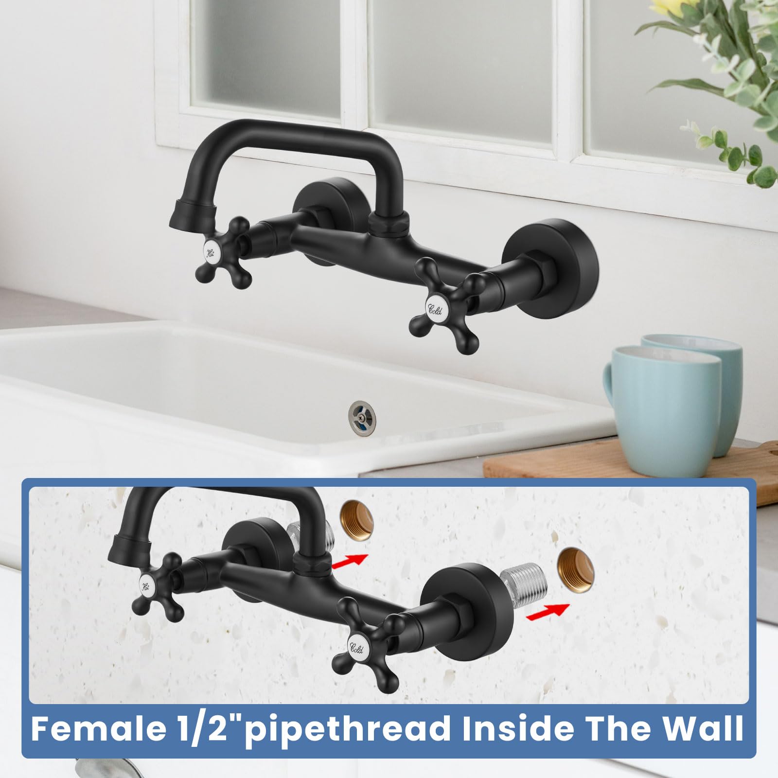 Airuida Wall Mount Kitchen Sink Faucet For 6 Inch(15Cm) Spout Reach 8 Inch Center Adjustable Center Double Cross Handles Hot And