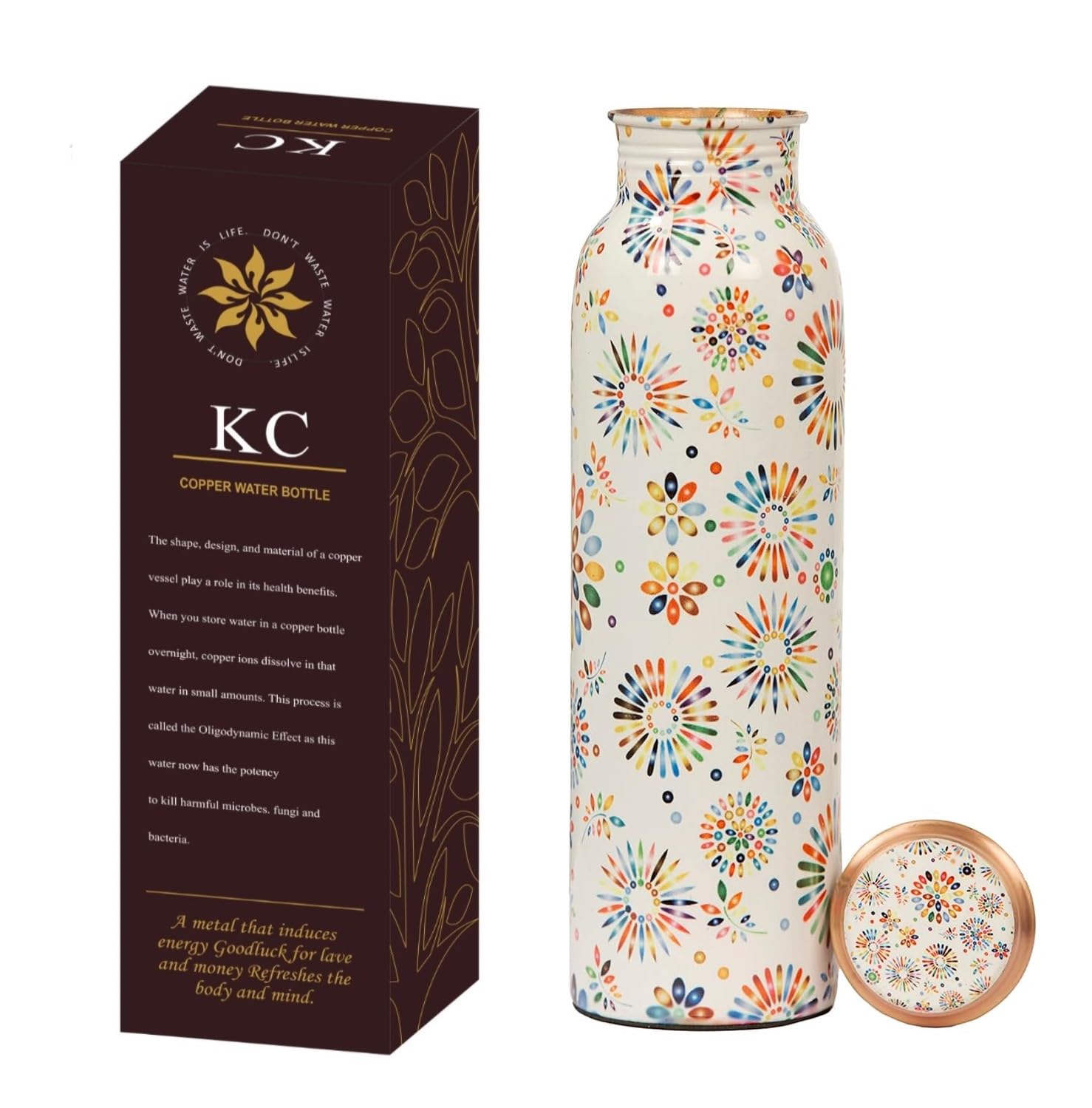 Kc Pure Copper Designer Water Bottle | Leak Proof Protection | Ayurveda And Yoga Health Benefits (1000Ml, Rainbow Design, Pack O