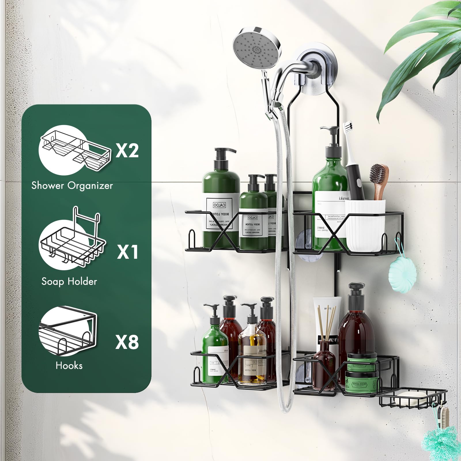 Sewulidon Hanging Shower Caddy - Adjustable Height, 2 Tiers, Iron, Black, Model SEWU0001NYL - Perfect Organizer for Handheld Shower Heads