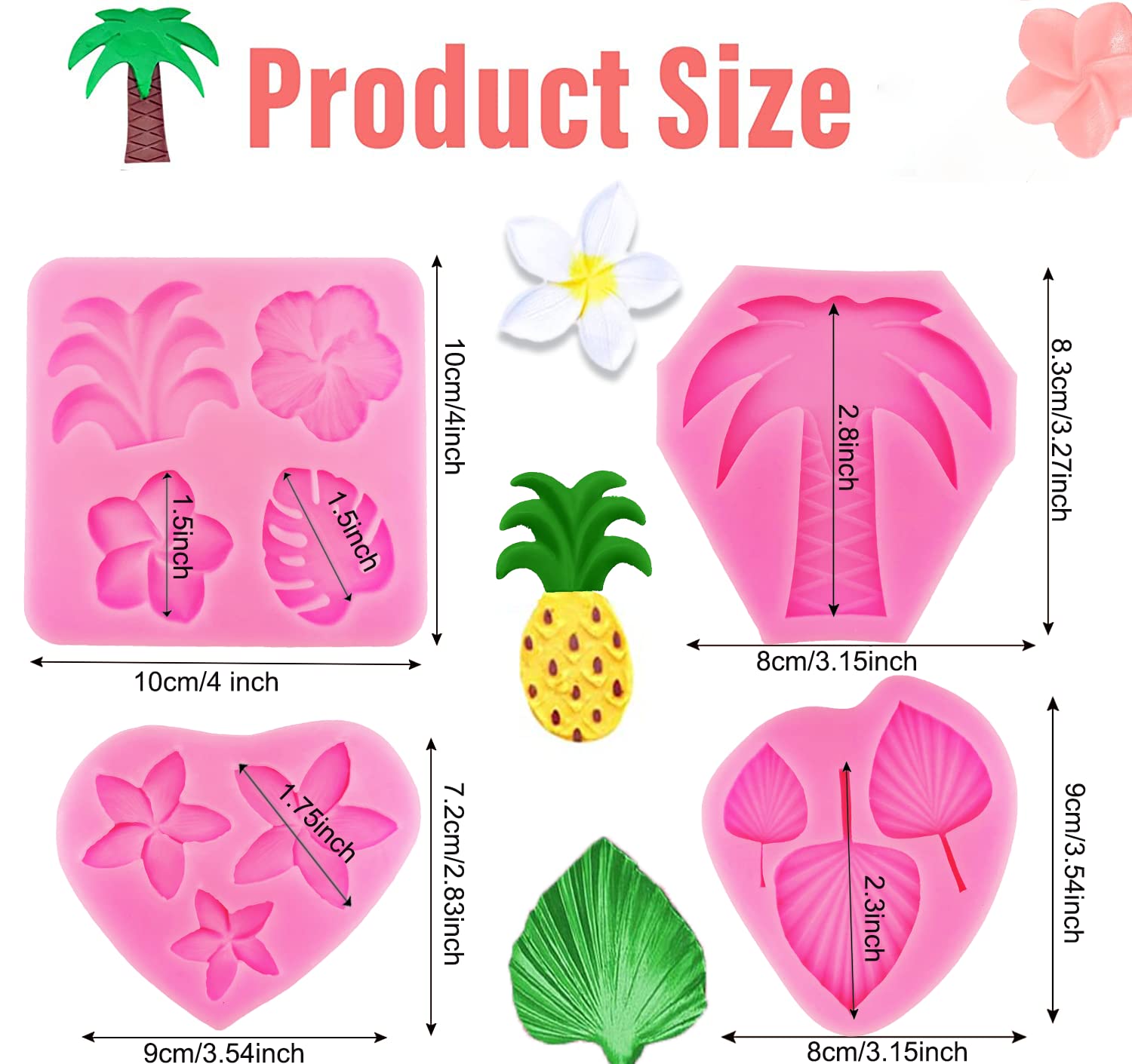 4 Pcs Tropical Flowers Leaves Mold Fan Leaf Fondant Mold Hibiscus Flower Monstera Leafage Palm Leaf Plumeria Flower Silicone Mol
