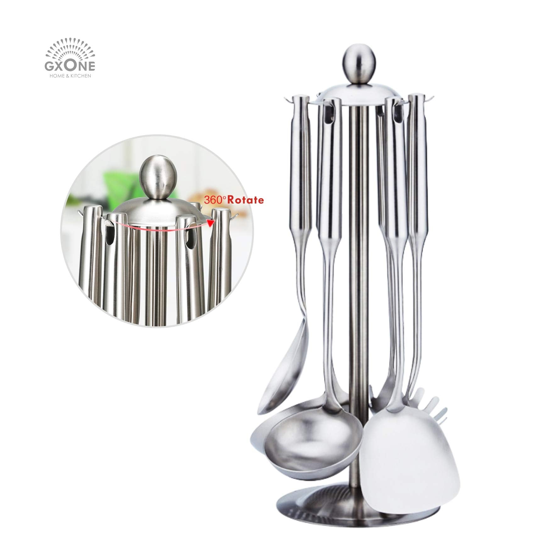 Kitchen Utensil Set - 6 Piece Stainless Steel Cooking Utensils With Rotating Holder Organizer Includes Slotted Spoon, Slotted Sp