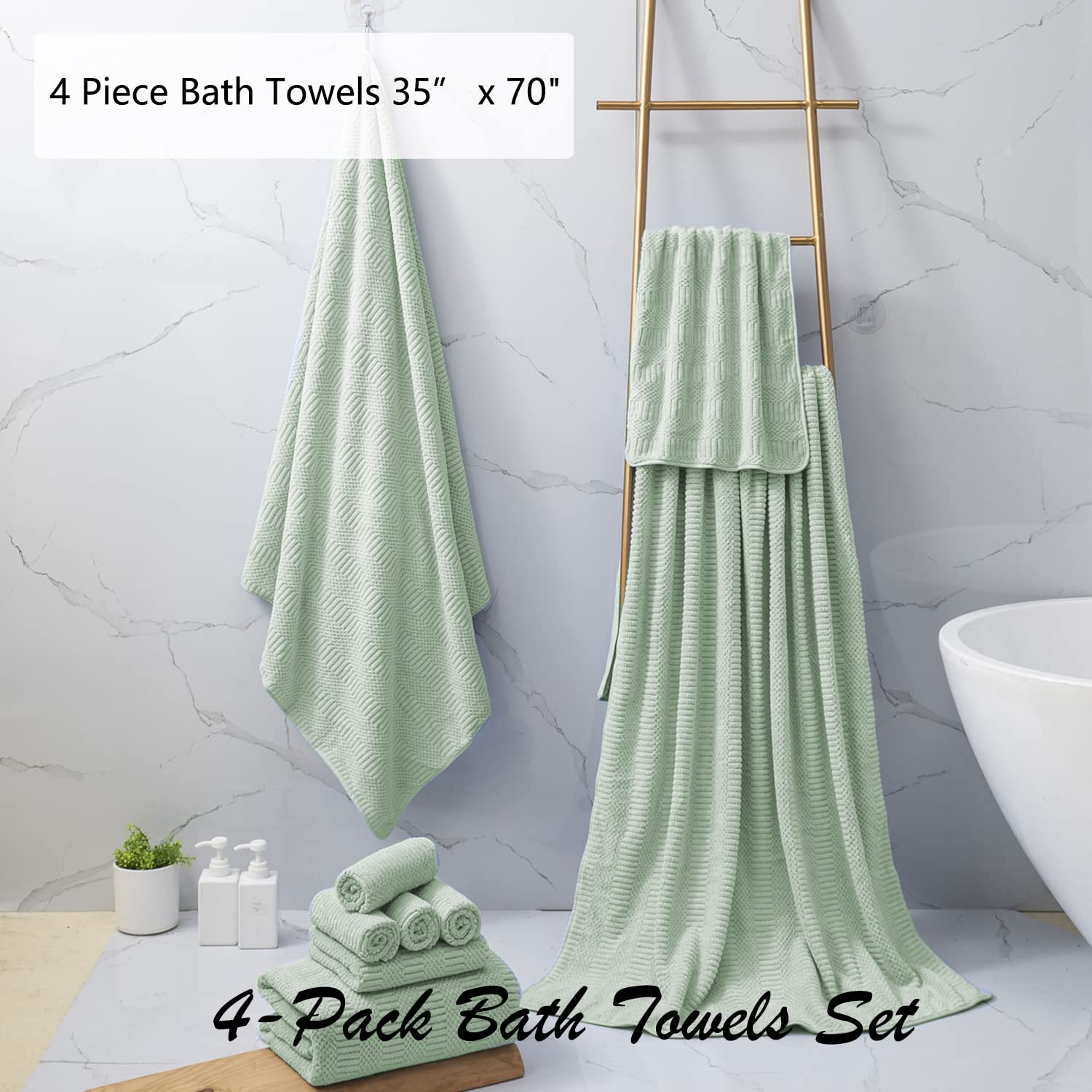 Oliven 4 Pcs Green Bath Towel Set - Extra Large 35"x70", 600GSM Soft Highly Absorbent Quick Dry Towels for Bathroom, Hotel, and Spa
