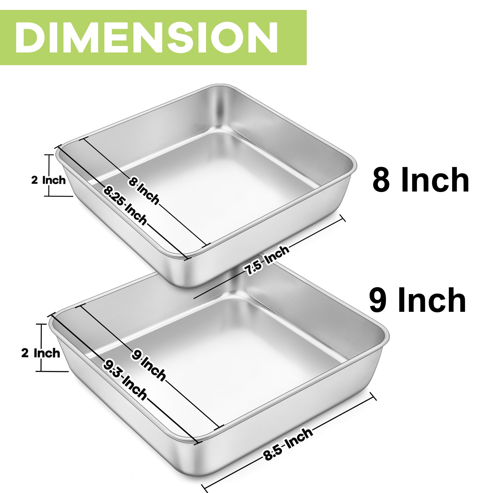 Teamfar Square Cake Pan, 8/9 Inch Stainless Steel Square Baking Pan For Cake Brownie Lasagna, Non-Toxic & Heavy Duty, One Piece