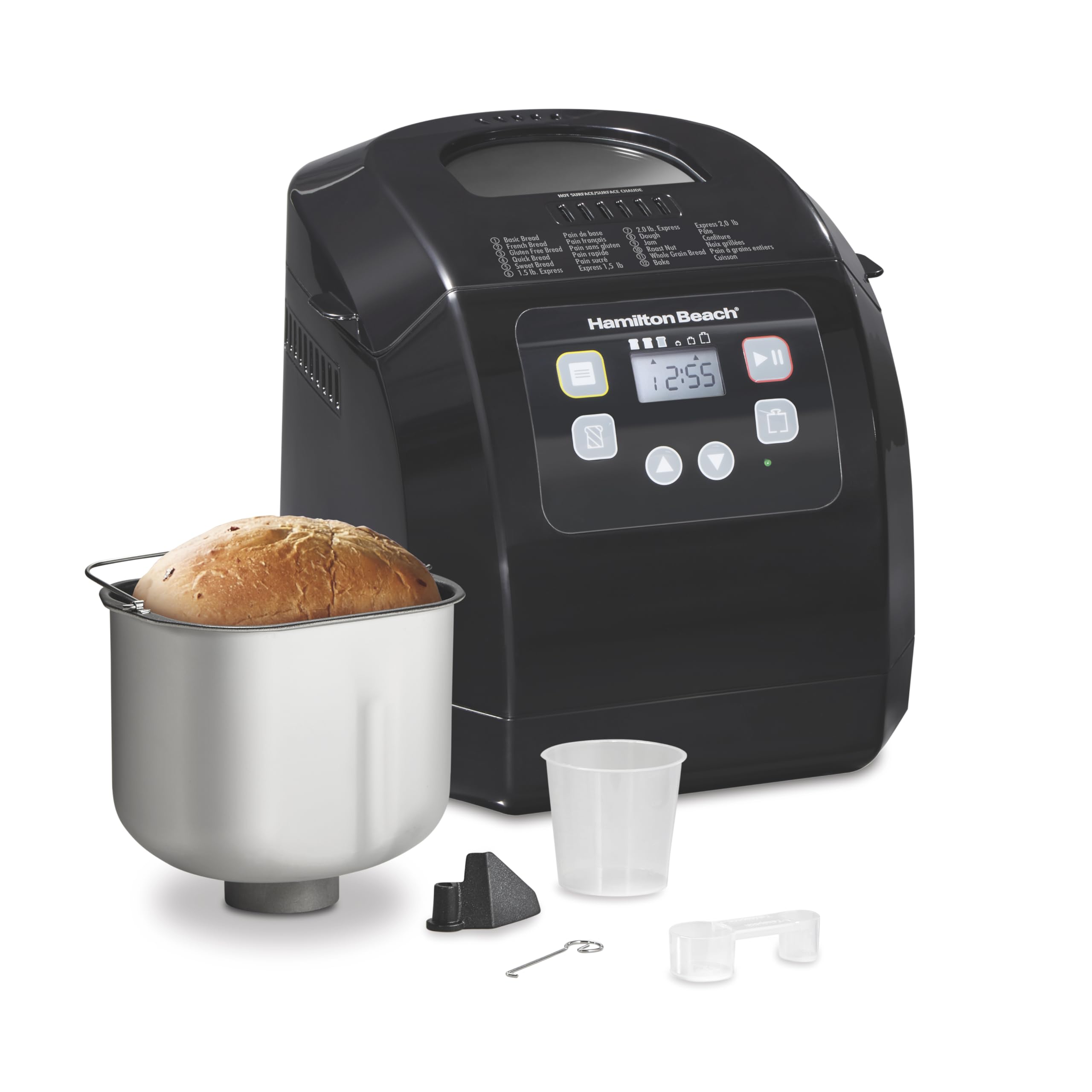 Hamilton Beach Bread Maker Machine  Digital  Programmable  12 Settings + Gluten Free  Dishwasher Safe Pan + Kneading Paddle  2 lb Capacity  Black (29982)