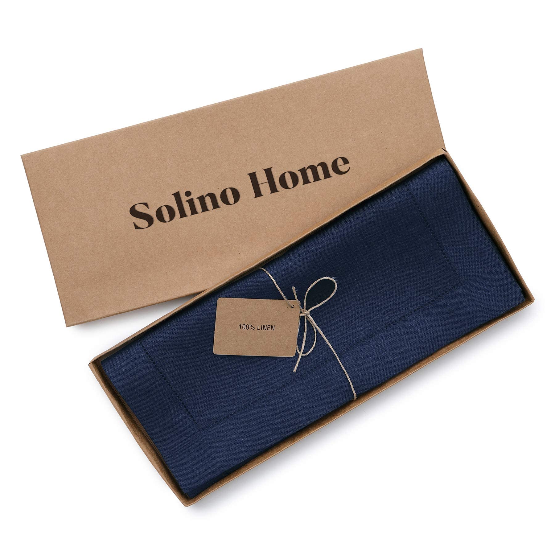 Solino Home Navy Linen Table Runner 72 Inches Long - 100% Pure Linen Classic Hemstitch Table Runner 14 X 72 Inch - Machine Washa