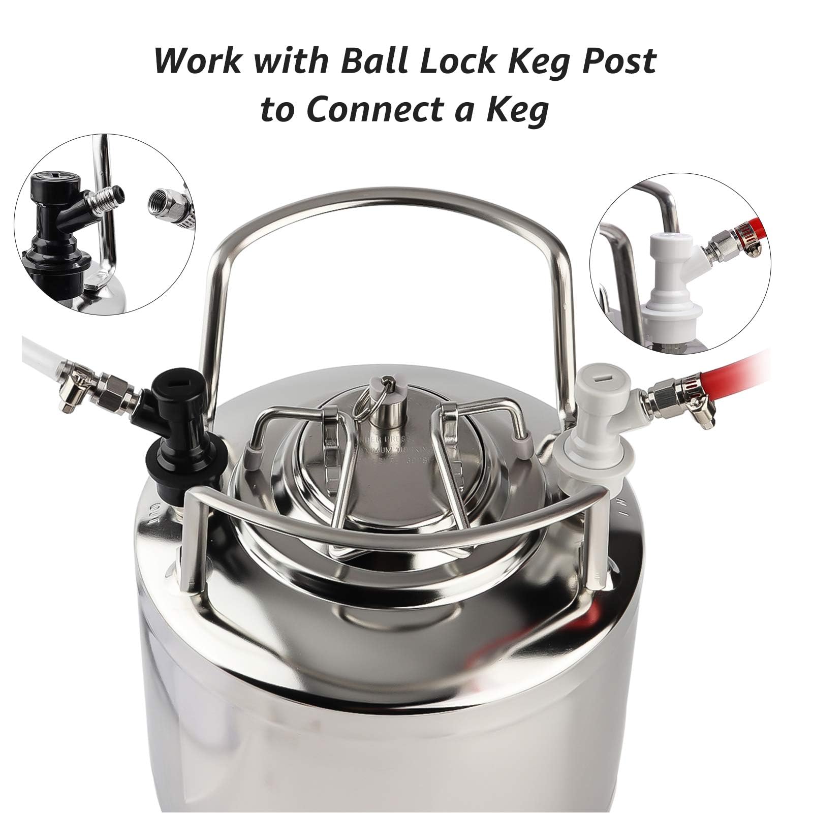 MRbrew 1 Pair Ball Lock Disconnect Set  Home Brew Ball Lock Corny Keg Fittings for Keg Posts Coupler  with Stainless Steel 5/16'' Gas & 1/4'' Liquid Barbs & Extra 2 Hose Clamps & MFL Swivel Nuts