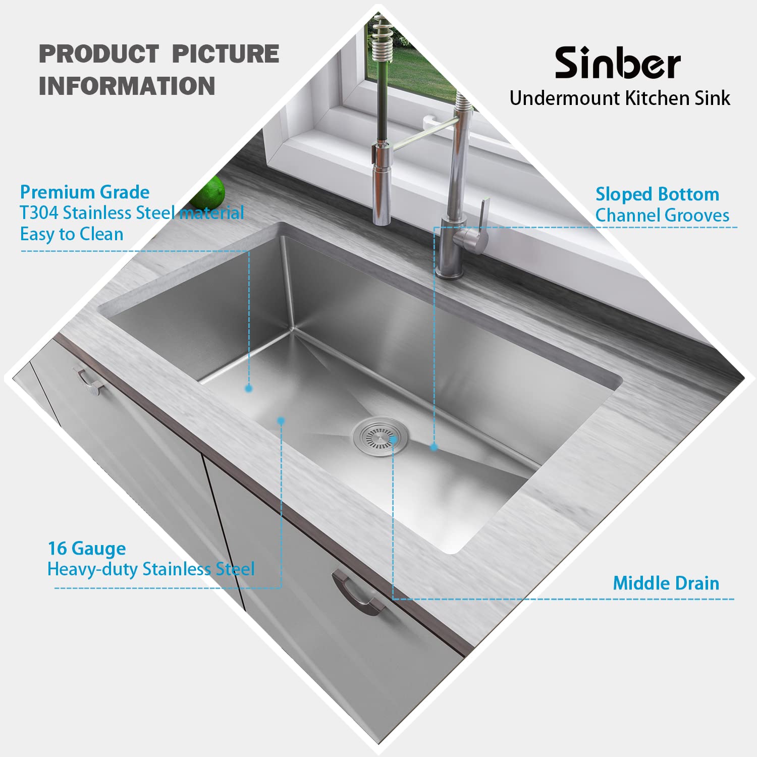 Sinber 32'' X 19'' X 10'' Undermount Single Bowl Kitchen Sink With 16 Gauge 304 Stainless Steel Satin Finish Hu3219S-16G (Sink O