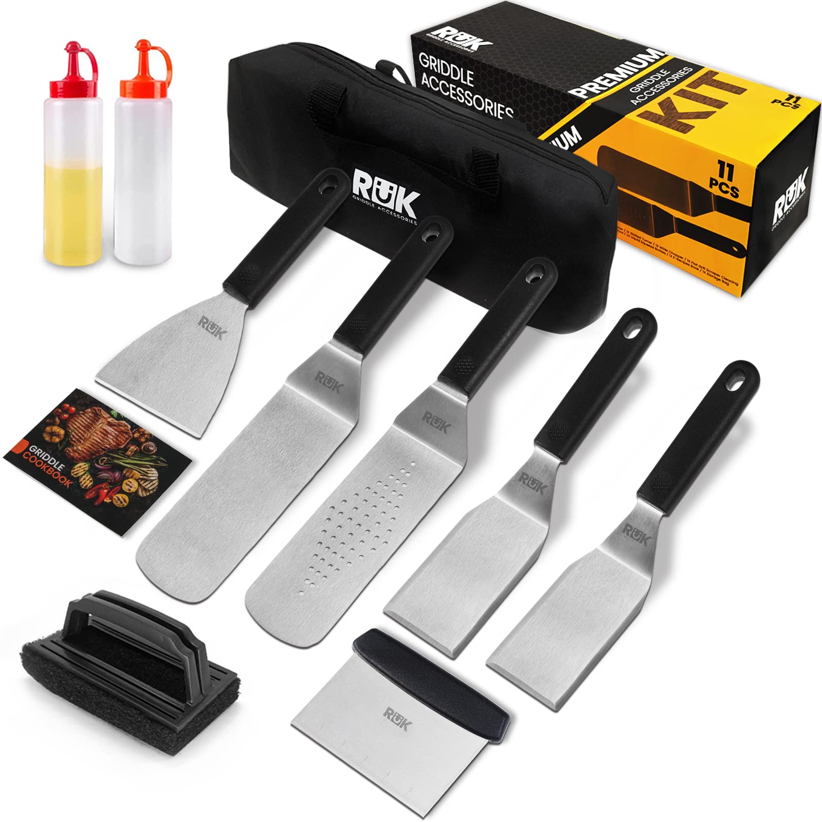 Blackstone Griddle Accessories Kit, Rk 11 Pcs Flat Top Griddle Accessories Set With Anti-Scalding Long Handle Metal Spatula, Gri