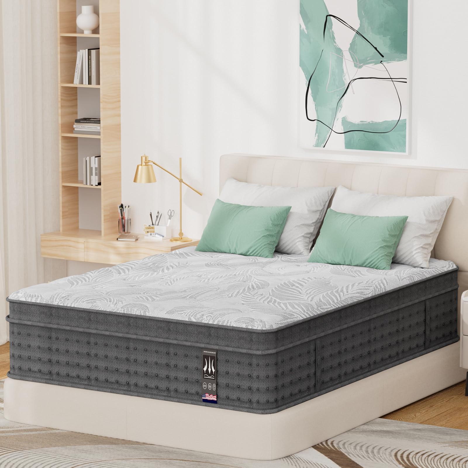 Hoowlpoen Queen Mattress 14 Inch, Queen Size Hybrid Mattresses With Motion Isolation & Pressure Relief, Fiberglass Free, Queen S